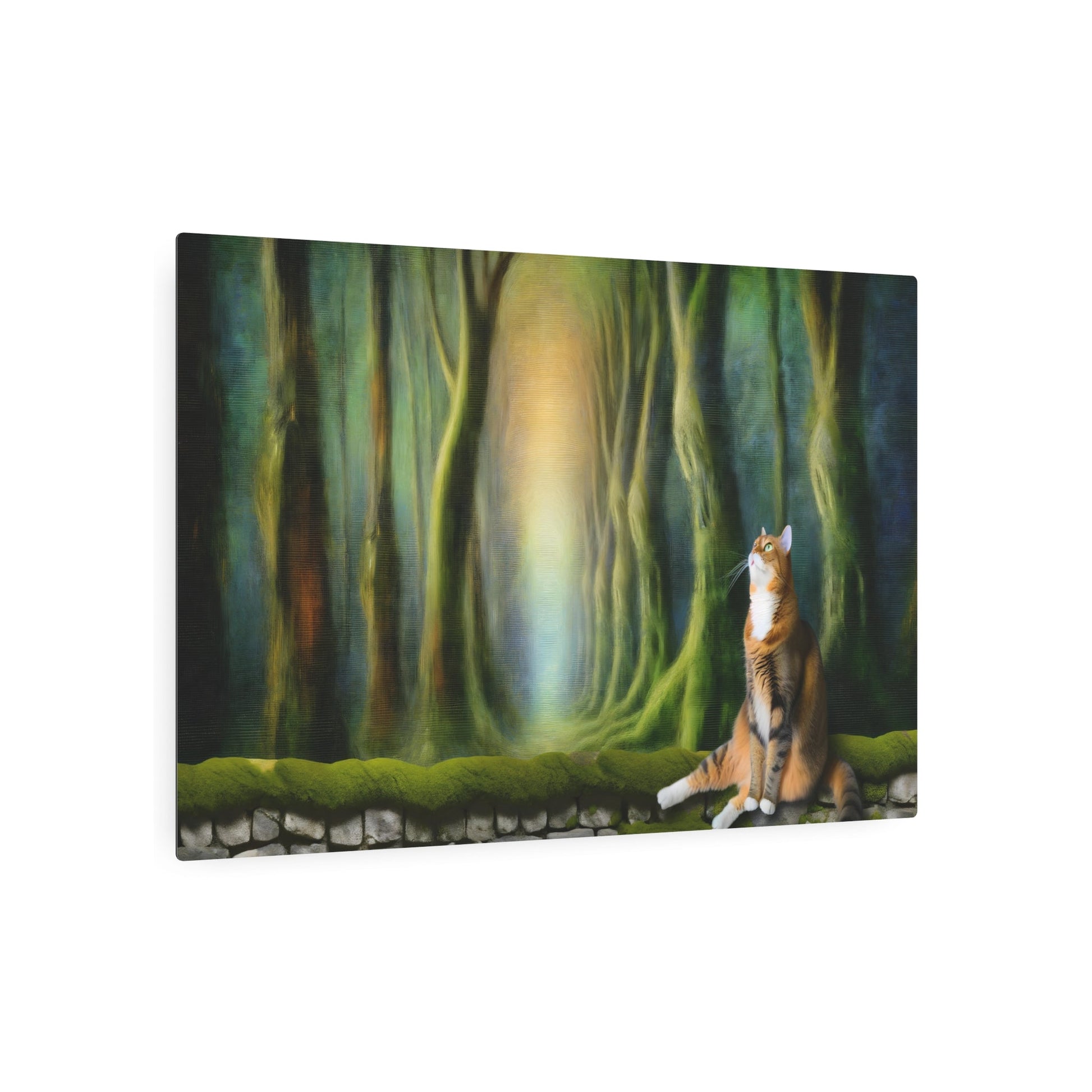 Metal Poster Art | "Enchanting Romanticism Art Painting - Majestic Cat on Ancient Stone Wall Amid Ethereal Forest Glow - Dramatic Emotion in Western Art Styles - Metal Poster Art 36″ x 24″ (Horizontal) 0.12''