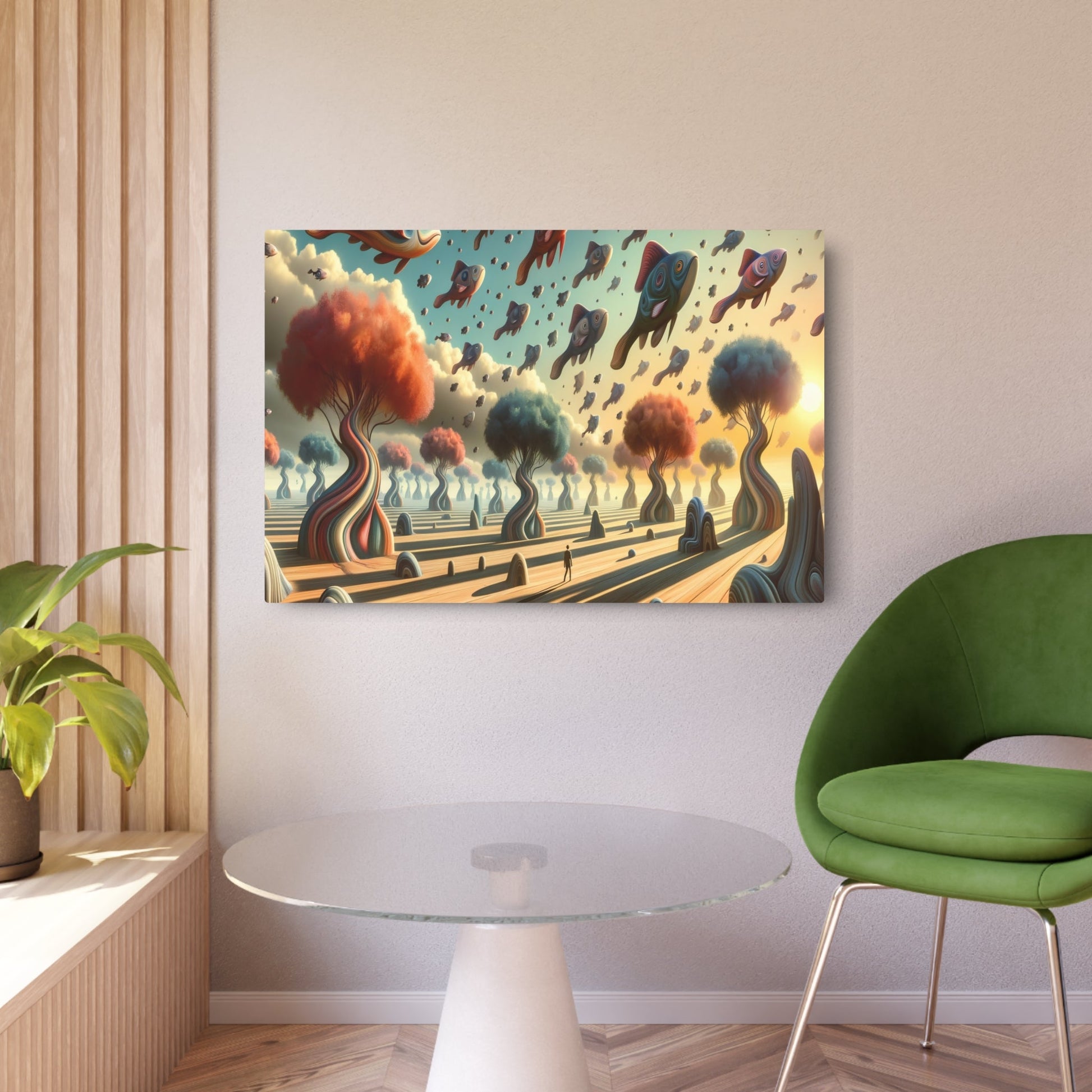 Metal Poster Art | "Modern Surrealistic Art - Dreamlike Landscape with Life - Size Creatures and Floating Fish Sky in Contemporary Surrealism Style" - Metal Poster Art 36″ x 24″ (Horizontal) 0.12''