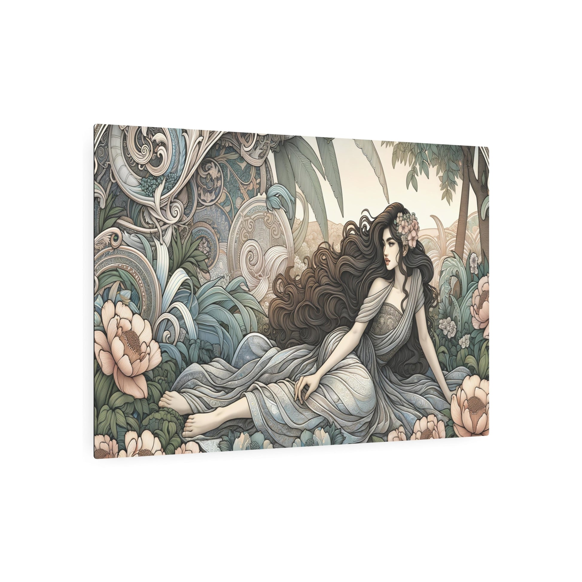 Metal Poster Art | "Art Nouveau Western Art Styles - Elegant Woman in Nature with Detailed Floral Motifs and Flowing Dress" - Metal Poster Art 36″ x 24″ (Horizontal) 0.12''