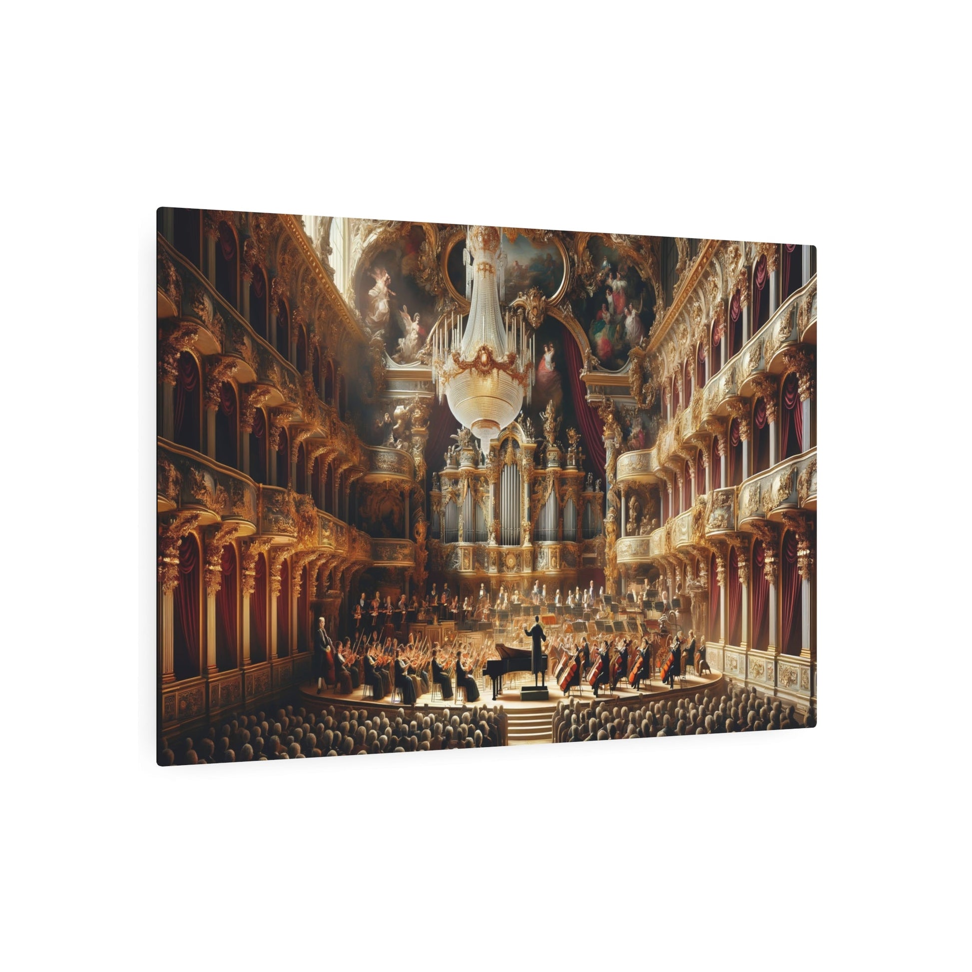 Metal Poster Art | "Baroque Style Concert Hall Scene with Classical Orchestra and Grand Piano - Western Art Styles, Baroque Sub - category" - Metal Poster Art 36″ x 24″ (Horizontal) 0.12''