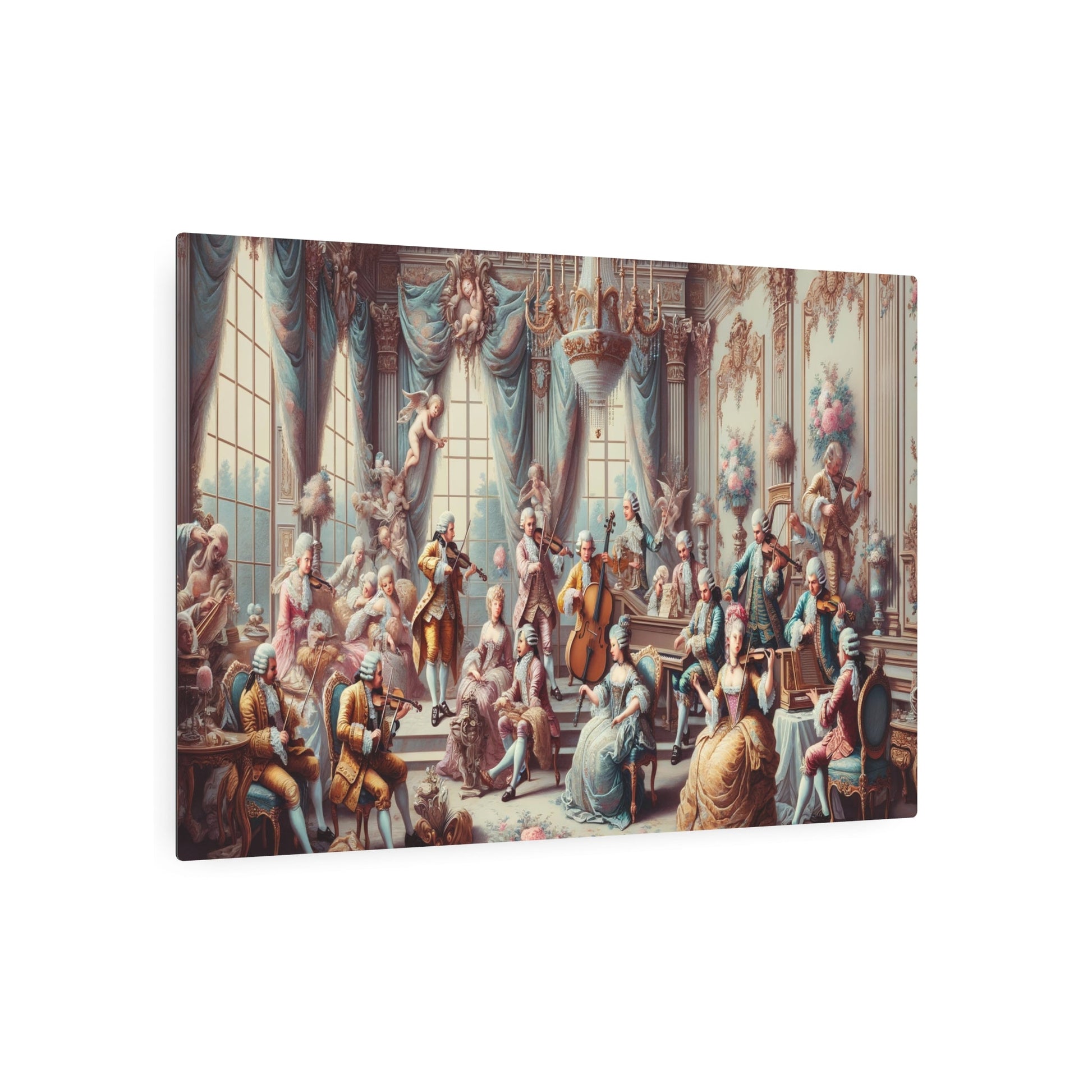 Metal Poster Art | "Rococo Style Artwork - Harmonious Scene of Music and Art with Nobles, Violins, Pianos, & Harps Amid - Metal Poster Art 36″ x 24″ (Horizontal) 0.12''