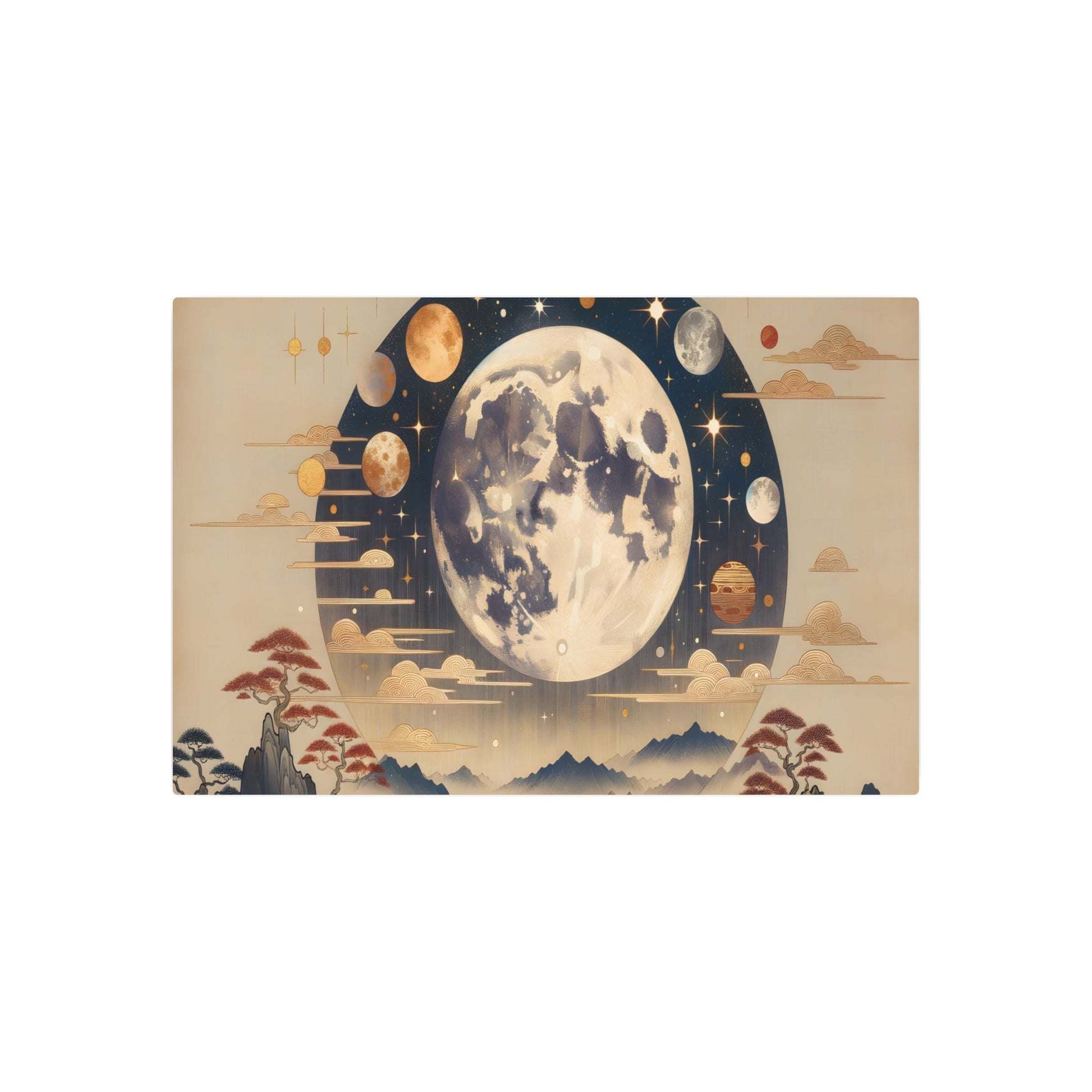 Metal Poster Art | "Kano School Inspired Japanese Artwork: Celestial Bodies in Asian Art Styles - Moon, Stars, and Planets Interpretation" - Metal Poster Art 36″ x 24″ (Horizontal) 0.12''