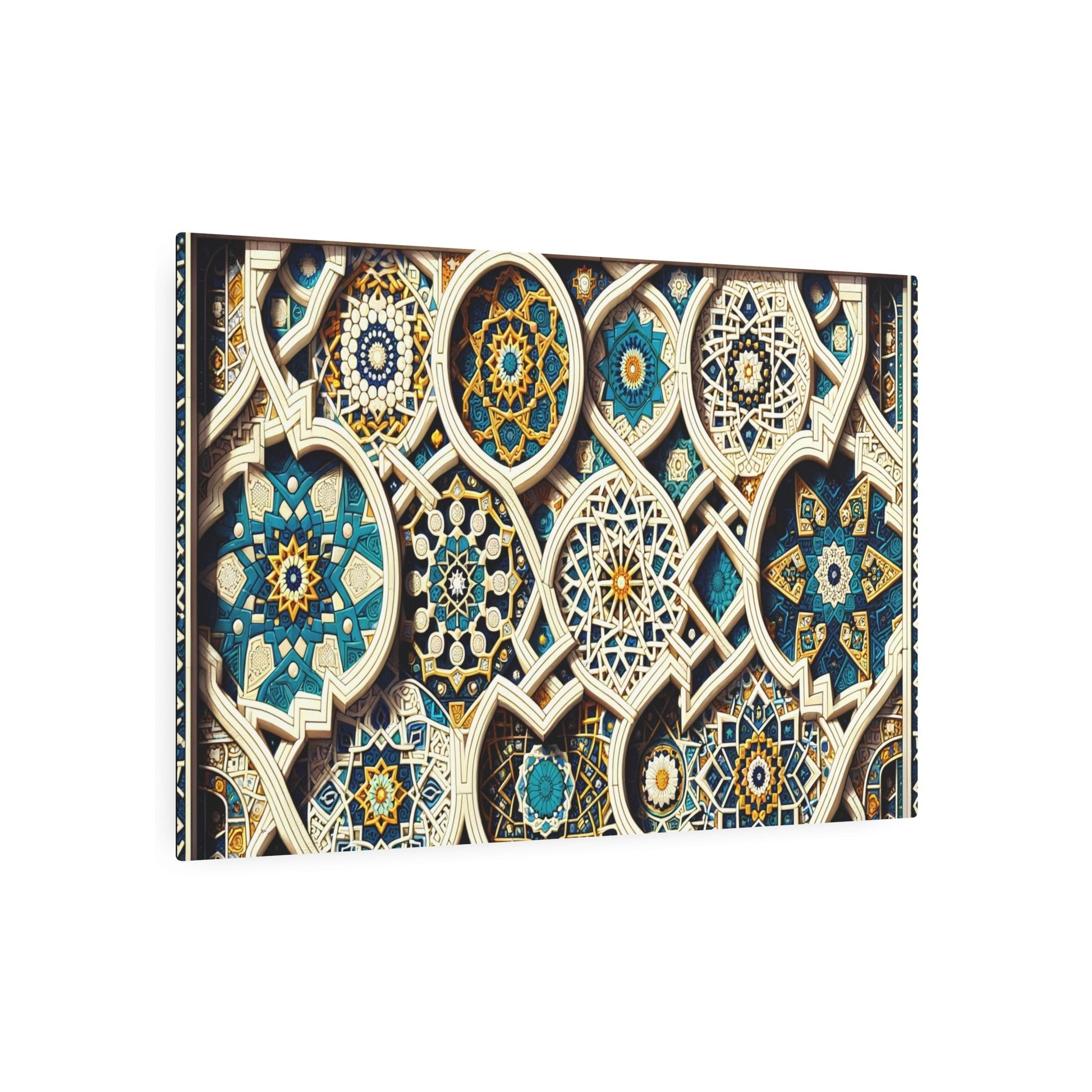 Metal Poster Art | "Islamic Geometric Patterns Wall Art in Traditional Bright Blues, Whites, and Golds - Exquisite Non - Western & Global Styles Decor Featuring Stars - Metal Poster Art 36″ x 24″ (Horizontal) 0.12''