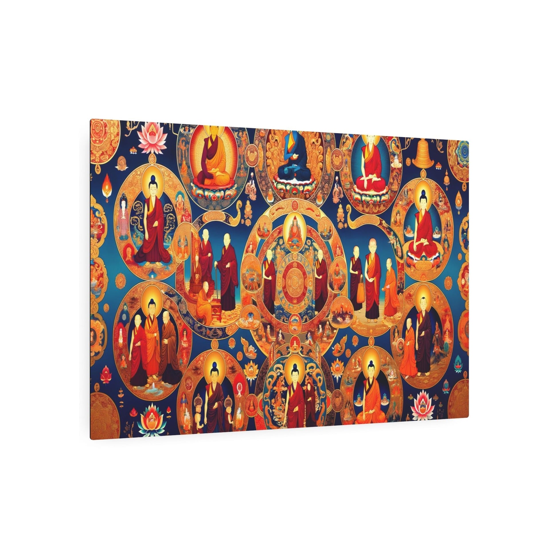 "Thangka-style Tibetan Life Stages Painting with Gold Gilding and Buddhist Symbols in Deep Reds, Blues, and Golds" - Metal Poster Art 36″ x 24″ (Horizontal) 0.12''