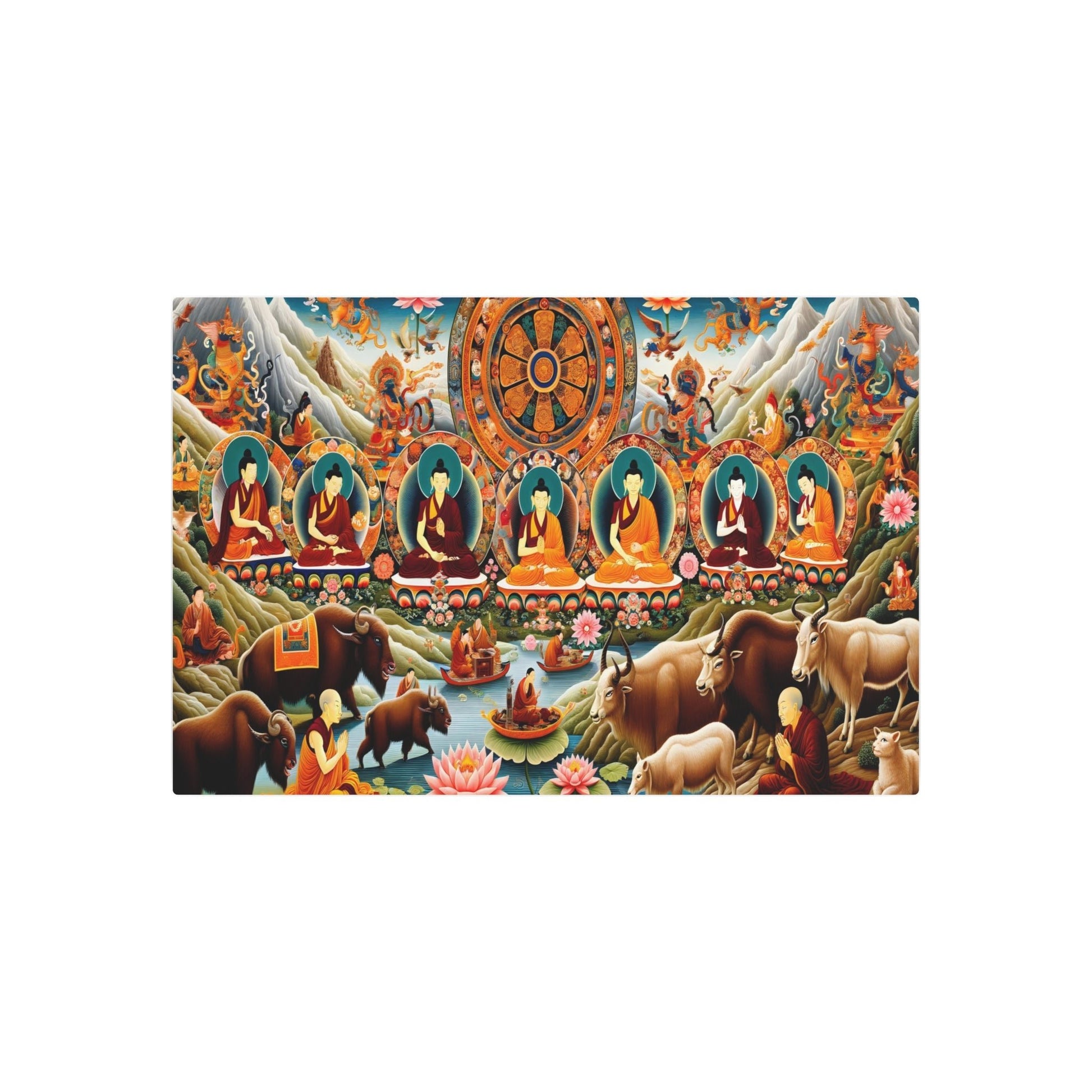 "Vibrant Thangka Painting from Tibet - Traditional Asian Art Style Showcasing Buddhist Symbols, Monks, Mythical Figures & Animals in - Metal Poster Art 36″ x 24″ (Horizontal) 0.12''