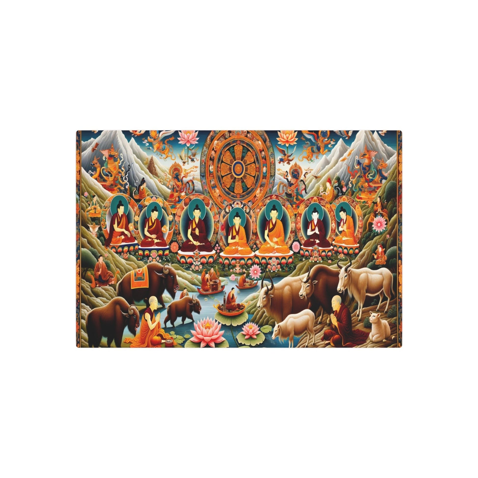 "Vibrant Thangka Painting from Tibet - Traditional Asian Art Style Showcasing Buddhist Symbols, Monks, Mythical Figures & Animals in - Metal Poster Art 30″ x 20″ (Horizontal) 0.12''