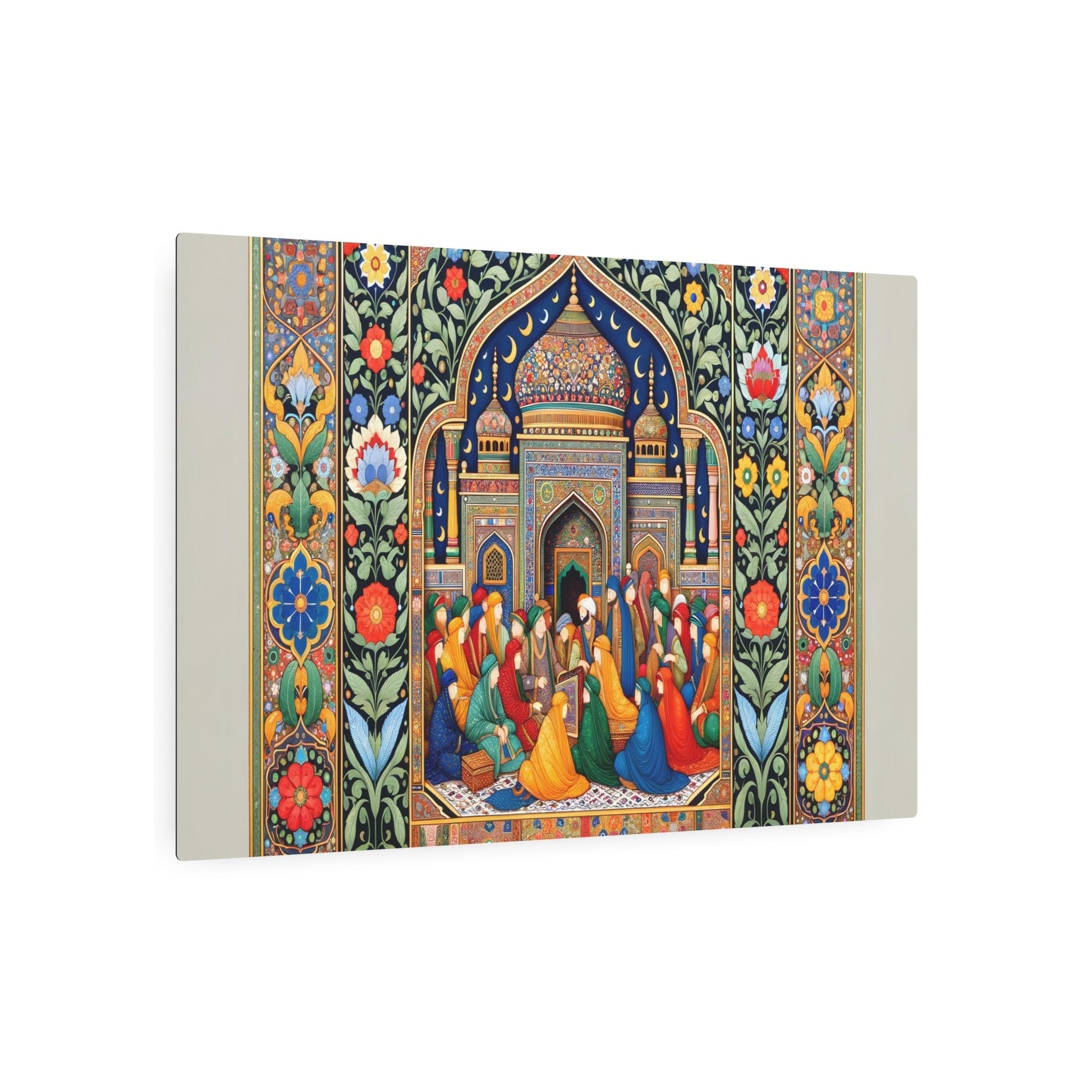 Metal Poster Art | "Mughal Miniature Art: Vibrant South Asian Masterpiece with Detailed Portraiture, Geometric Patterns & Intricate Floral Architecture - Non-West - Metal Poster Art 36″ x 24″ (Horizontal) 0.12''