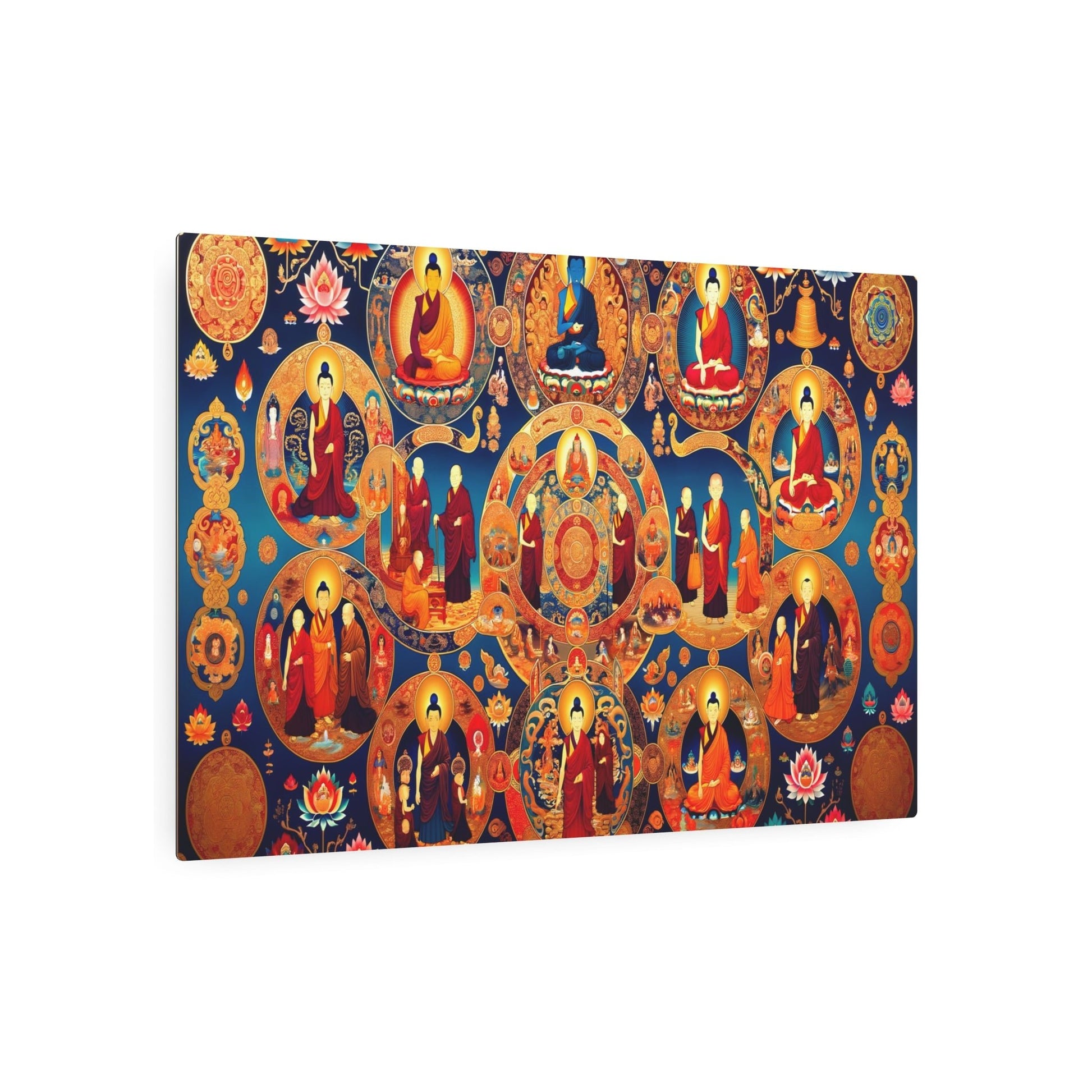 "Thangka-style Tibetan Life Stages Painting with Gold Gilding and Buddhist Symbols in Deep Reds, Blues, and Golds" - Metal Poster Art 36″ x 24″ (Horizontal) 0.12''