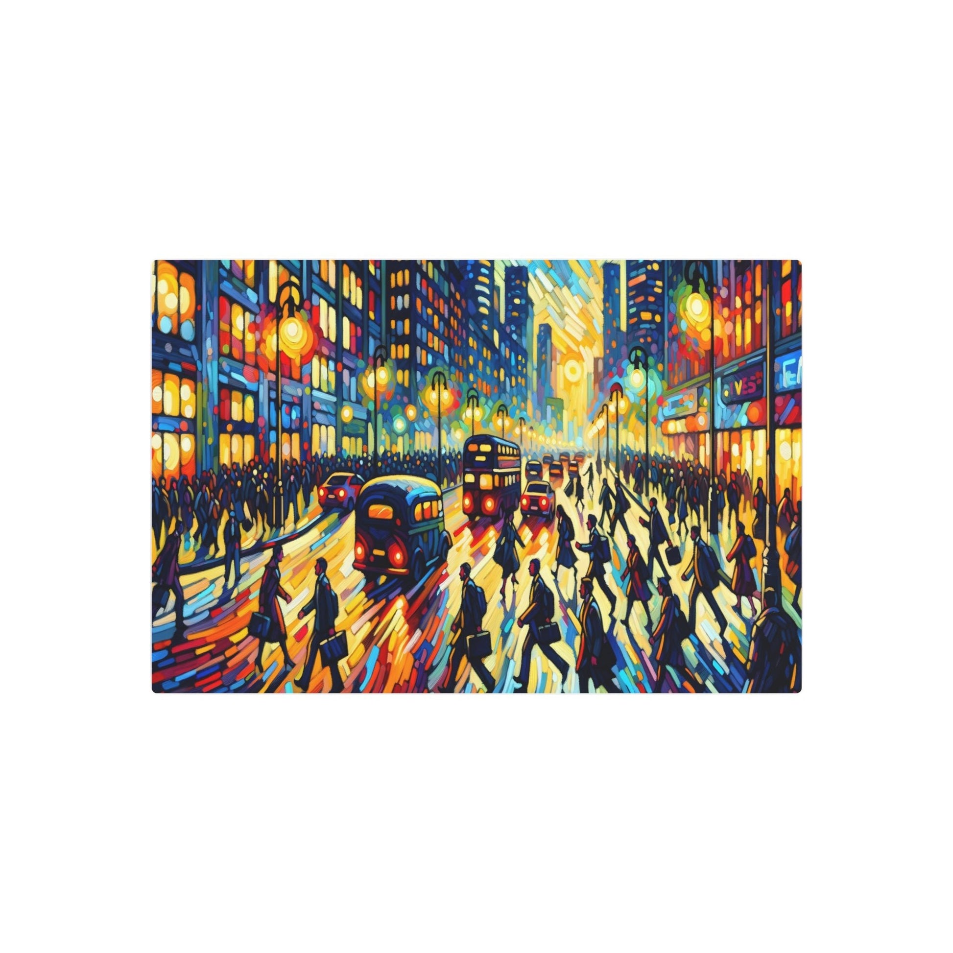 Metal Poster Art | "Expressionist Western Art: Animated City Street Scene in Evening - Vibrant and Passionate Expressionism Painting of People Rushing Home After Work" - Metal Poster Art 30″ x 20″ (Horizontal) 0.12''