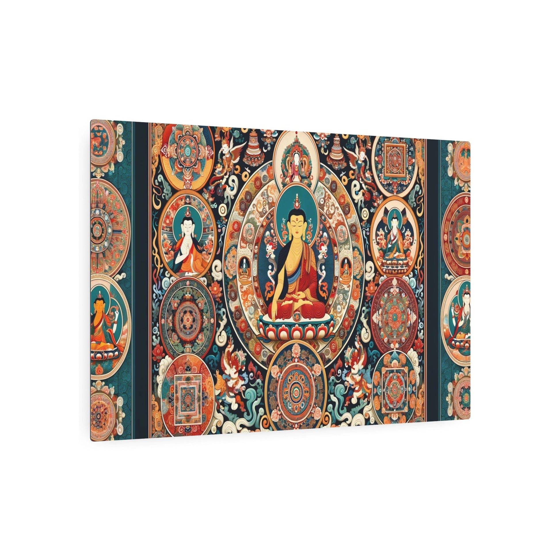 Metal Poster Art | "Vibrant Tibetan Thangka Painting: Traditional Asian Art Style with Intricate Details, Depicting Spiritual Scenes, Mandalas and Deities - Metal Poster Art 36″ x 24″ (Horizontal) 0.12''