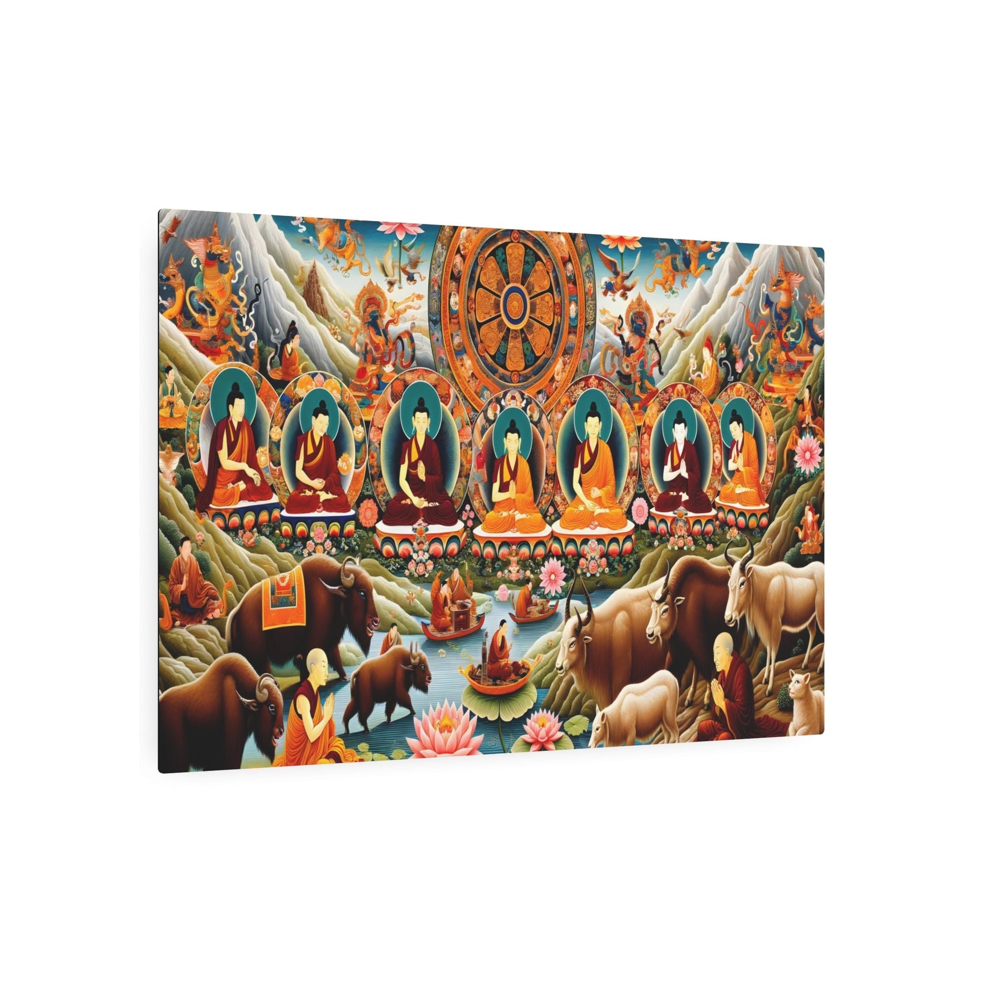 "Vibrant Thangka Painting from Tibet - Traditional Asian Art Style Showcasing Buddhist Symbols, Monks, Mythical Figures & Animals in - Metal Poster Art 36″ x 24″ (Horizontal) 0.12''