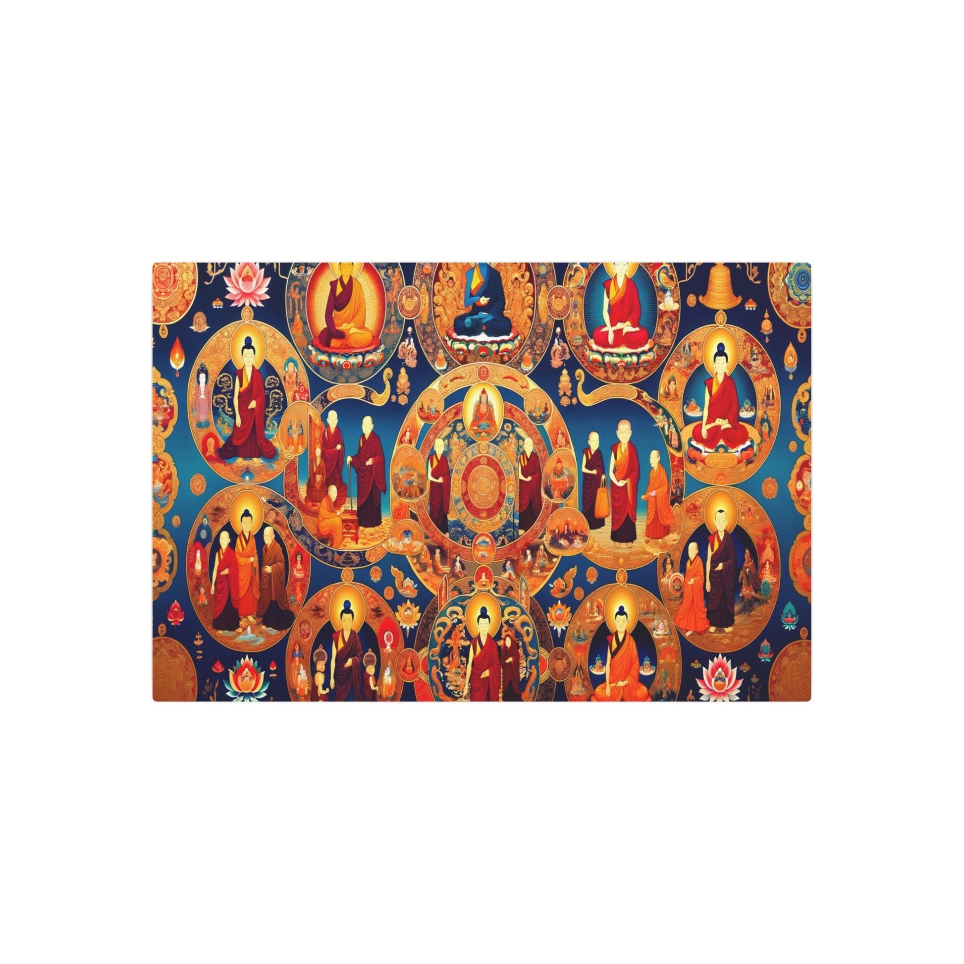 "Thangka-style Tibetan Life Stages Painting with Gold Gilding and Buddhist Symbols in Deep Reds, Blues, and Golds" - Metal Poster Art 36″ x 24″ (Horizontal) 0.12''