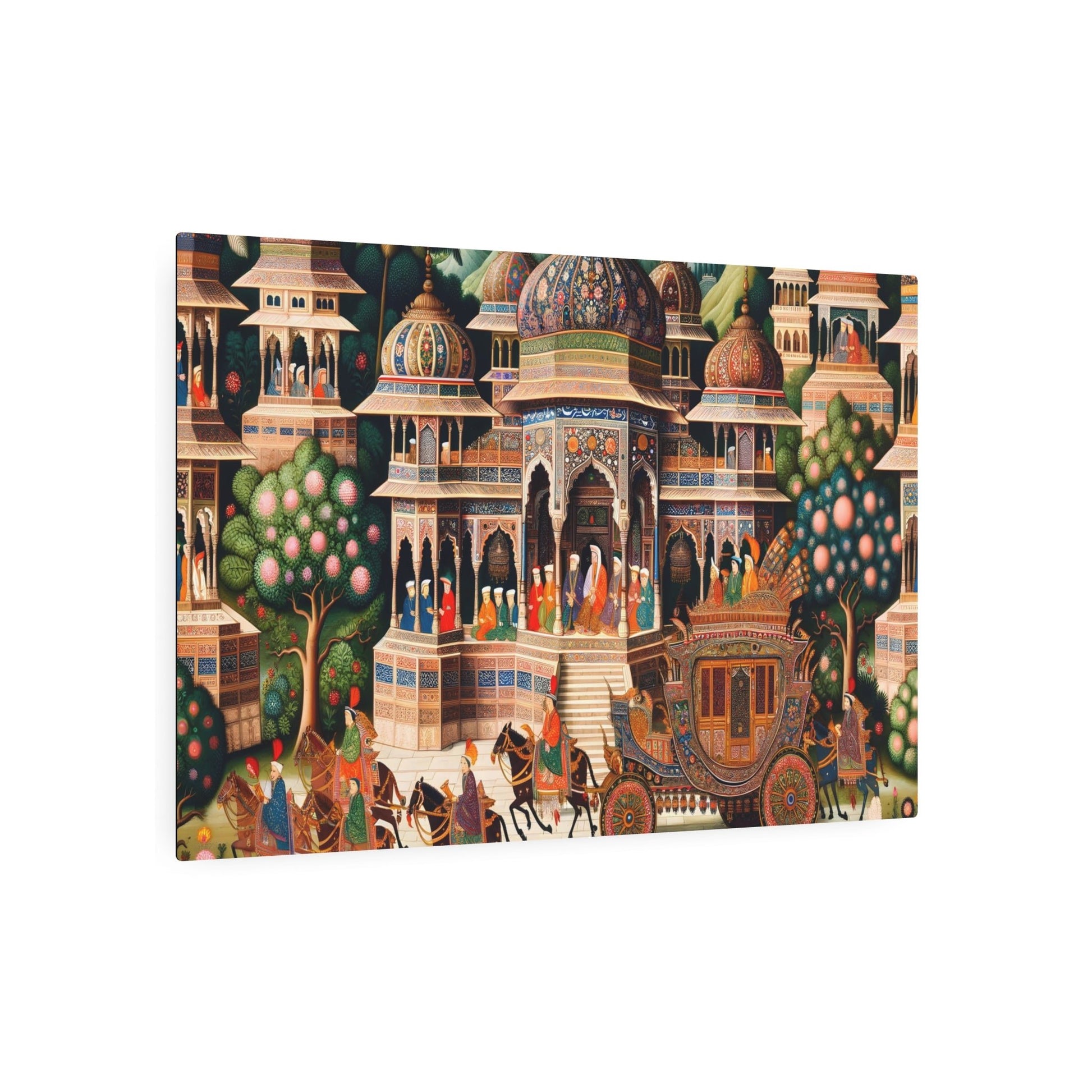 "Exquisite Mughal Miniature Painting - South Asian Art Showcasing Rich Architecture, Gardens & Costumes" - Metal Poster Art 36″ x 24″ (Horizontal) 0.12''