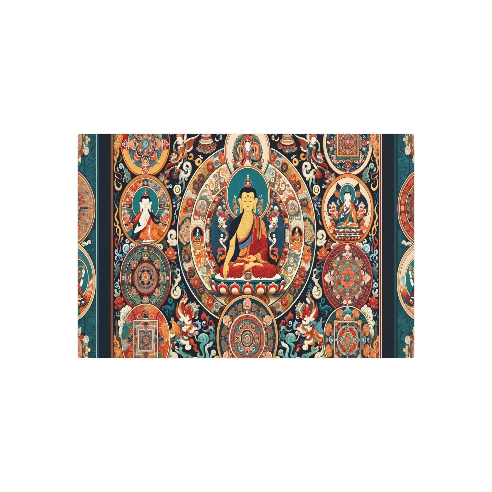 Metal Poster Art | "Vibrant Tibetan Thangka Painting: Traditional Asian Art Style with Intricate Details, Depicting Spiritual Scenes, Mandalas and Deities - Metal Poster Art 36″ x 24″ (Horizontal) 0.12''