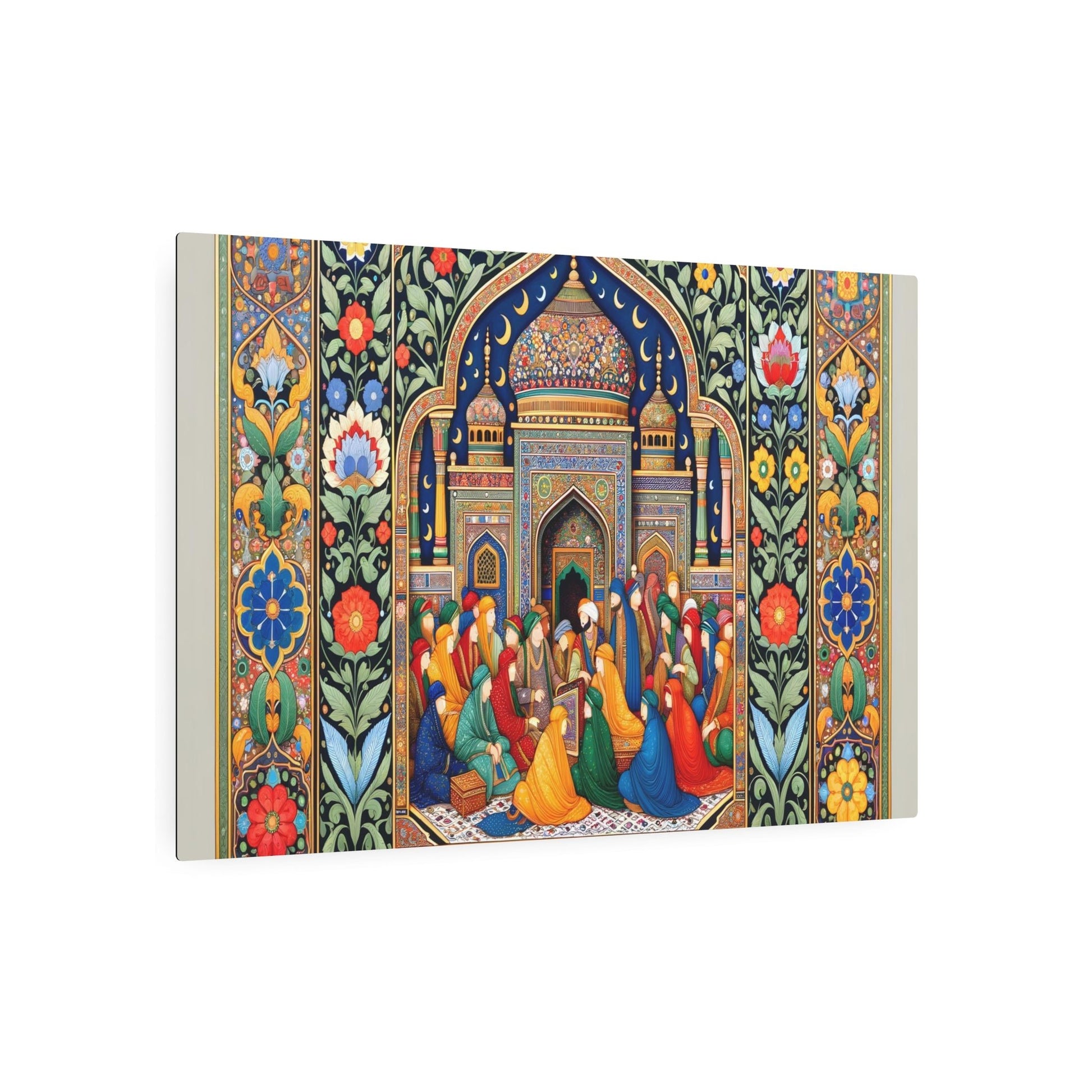 Metal Poster Art | "Mughal Miniature Art: Vibrant South Asian Masterpiece with Detailed Portraiture, Geometric Patterns & Intricate Floral Architecture - Non-West - Metal Poster Art 36″ x 24″ (Horizontal) 0.12''