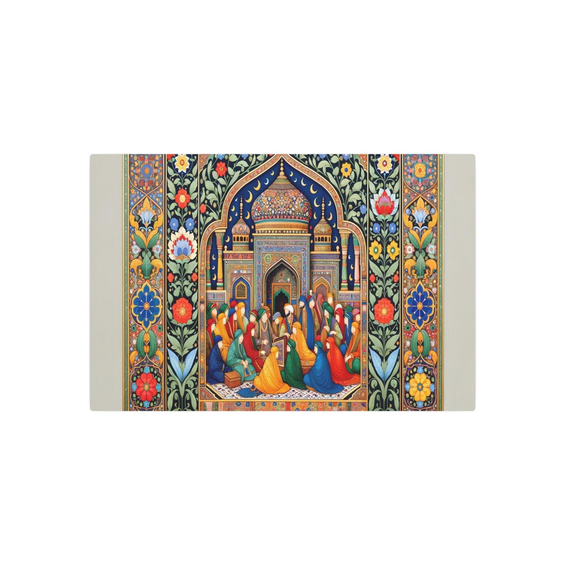 Metal Poster Art | "Mughal Miniature Art: Vibrant South Asian Masterpiece with Detailed Portraiture, Geometric Patterns & Intricate Floral Architecture - Non-West - Metal Poster Art 30″ x 20″ (Horizontal) 0.12''