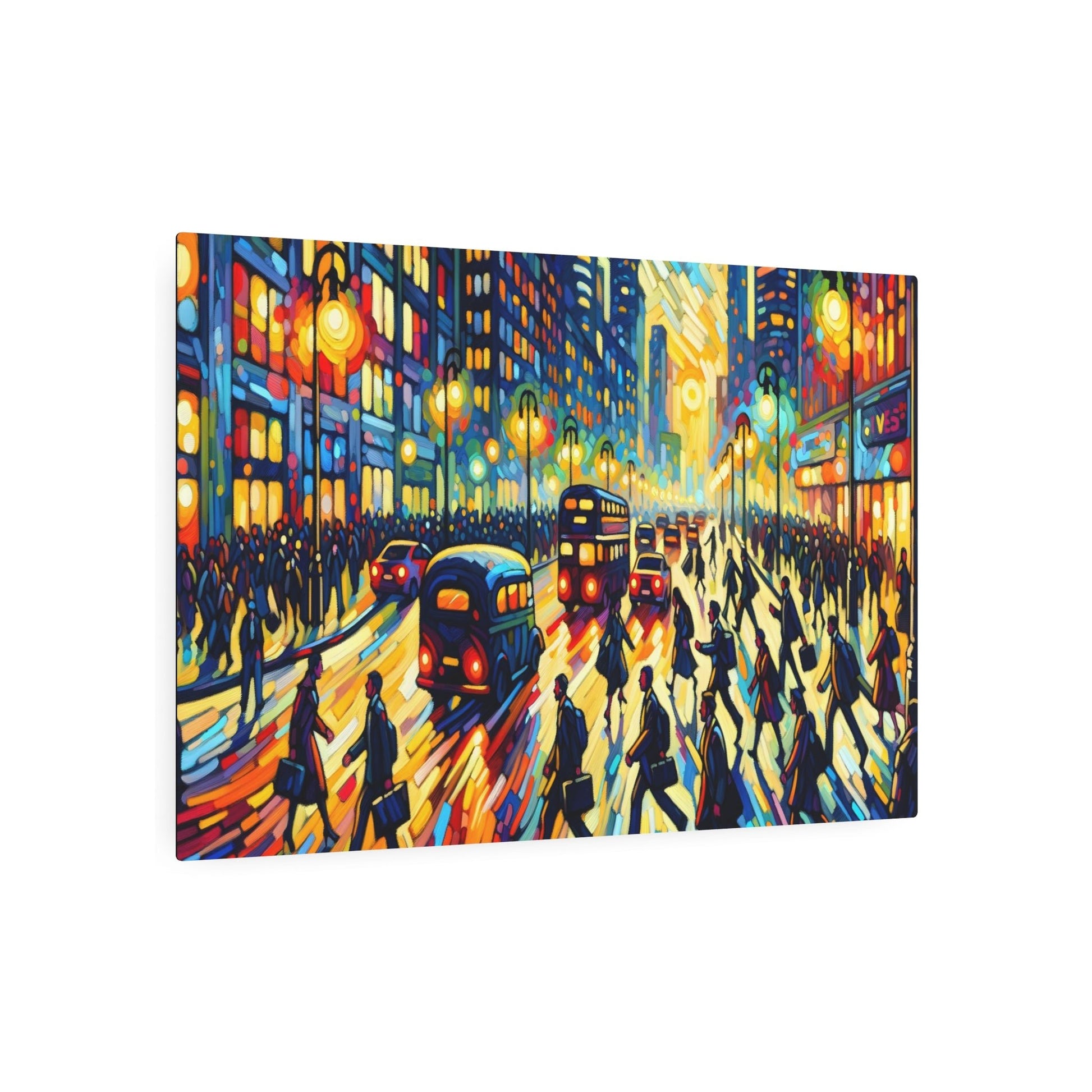 Metal Poster Art | "Expressionist Western Art: Animated City Street Scene in Evening - Vibrant and Passionate Expressionism Painting of People Rushing Home After Work" - Metal Poster Art 36″ x 24″ (Horizontal) 0.12''