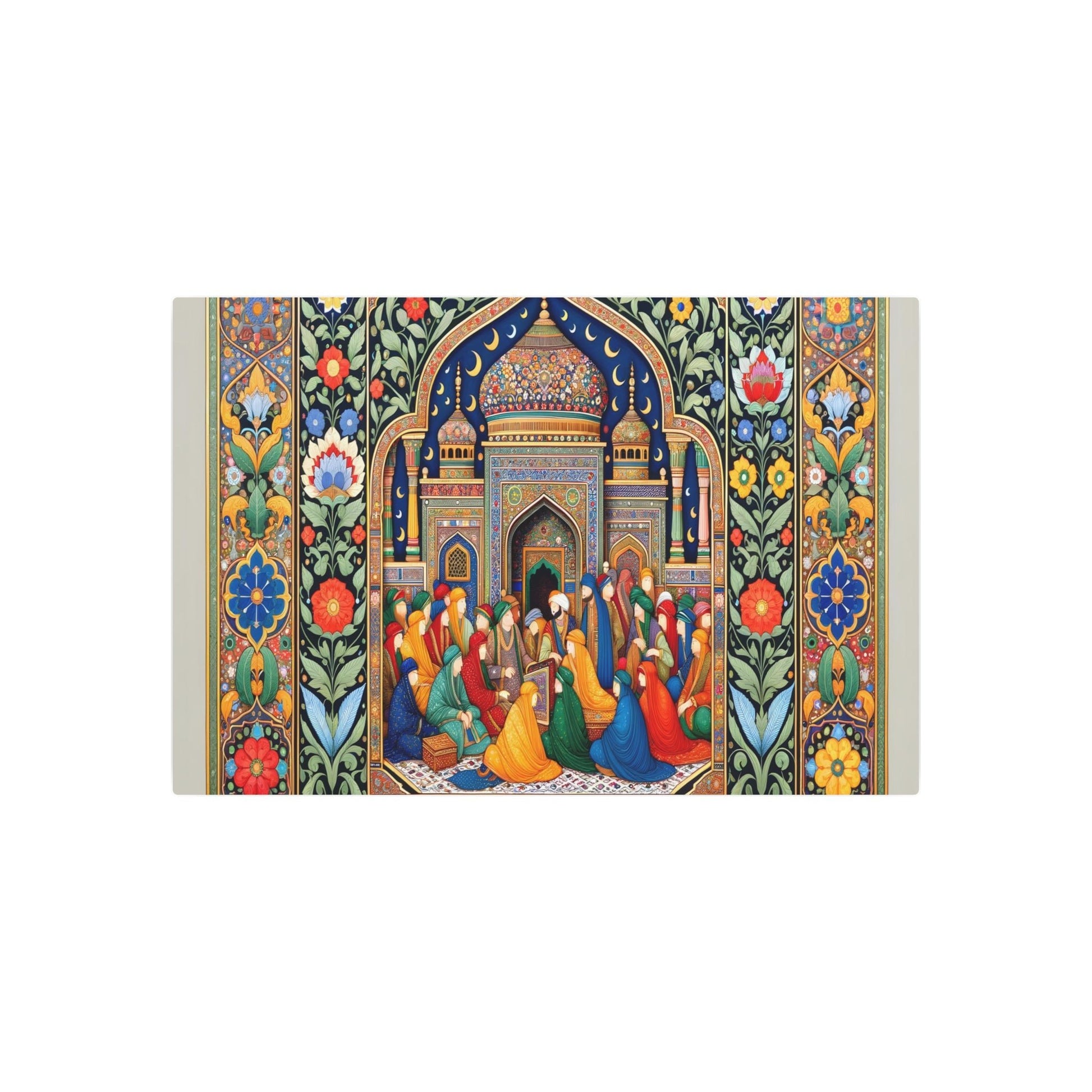 Metal Poster Art | "Mughal Miniature Art: Vibrant South Asian Masterpiece with Detailed Portraiture, Geometric Patterns & Intricate Floral Architecture - Non-West - Metal Poster Art 36″ x 24″ (Horizontal) 0.12''