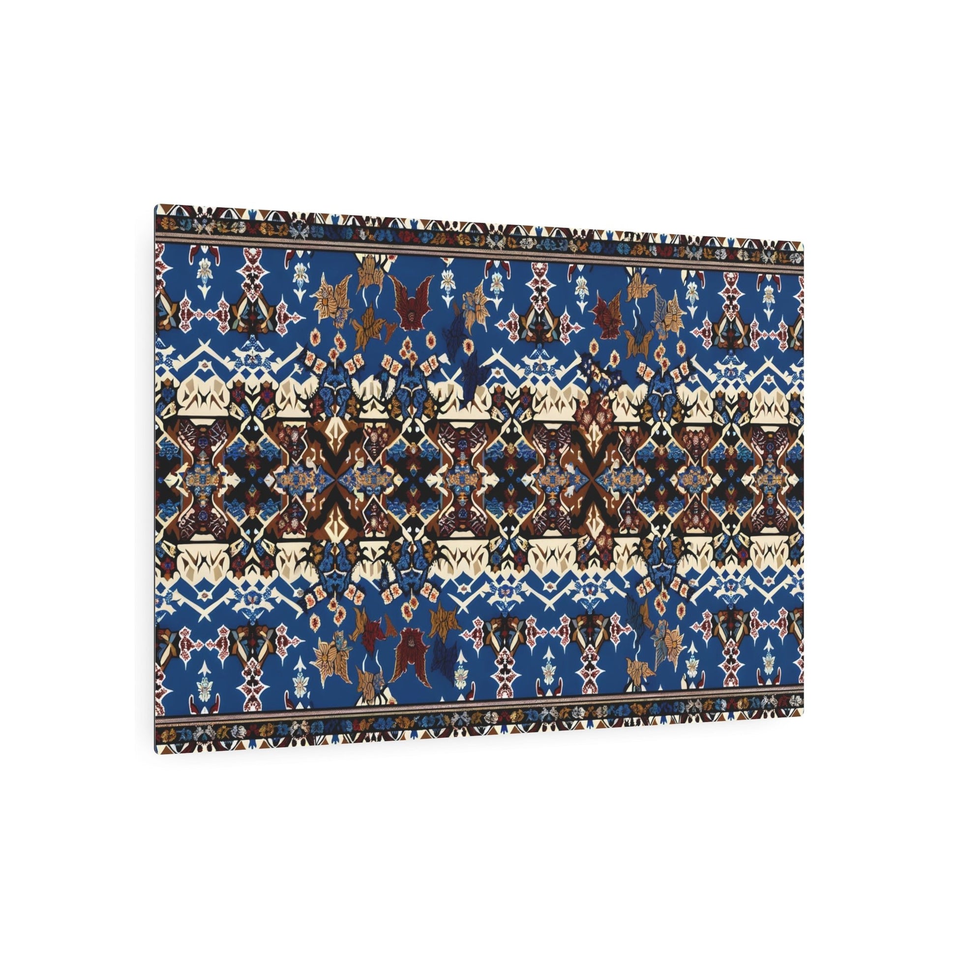 Metal Poster Art | "Traditional Indonesian Batik Art - Geometric & Floral Patterns in Deep Blue and Earthy Brown with Red & Yellow Accents - Non-Western Global - Metal Poster Art 36″ x 24″ (Horizontal) 0.12''