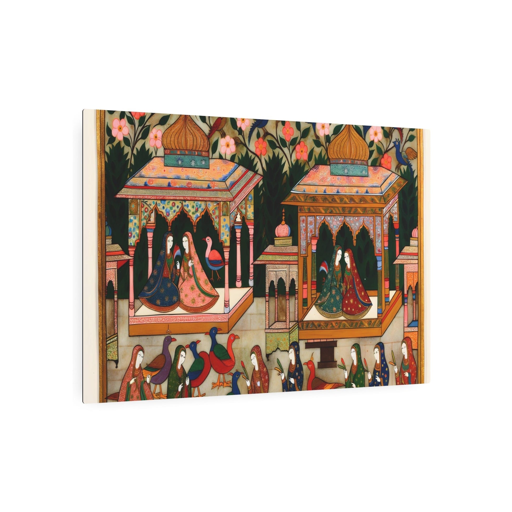 Metal Poster Art | "Mughal Miniature Artwork: Intricate South Asian Depiction of Royal Courts, Lush Gardens, and Colorful Birds in Rich Costumes - Metal Poster Art 36″ x 24″ (Horizontal) 0.12''