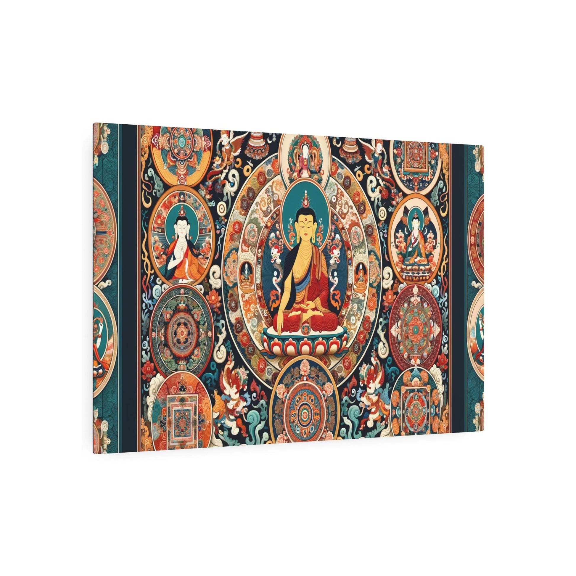 Metal Poster Art | "Vibrant Tibetan Thangka Painting: Traditional Asian Art Style with Intricate Details, Depicting Spiritual Scenes, Mandalas and Deities - Metal Poster Art 36″ x 24″ (Horizontal) 0.12''