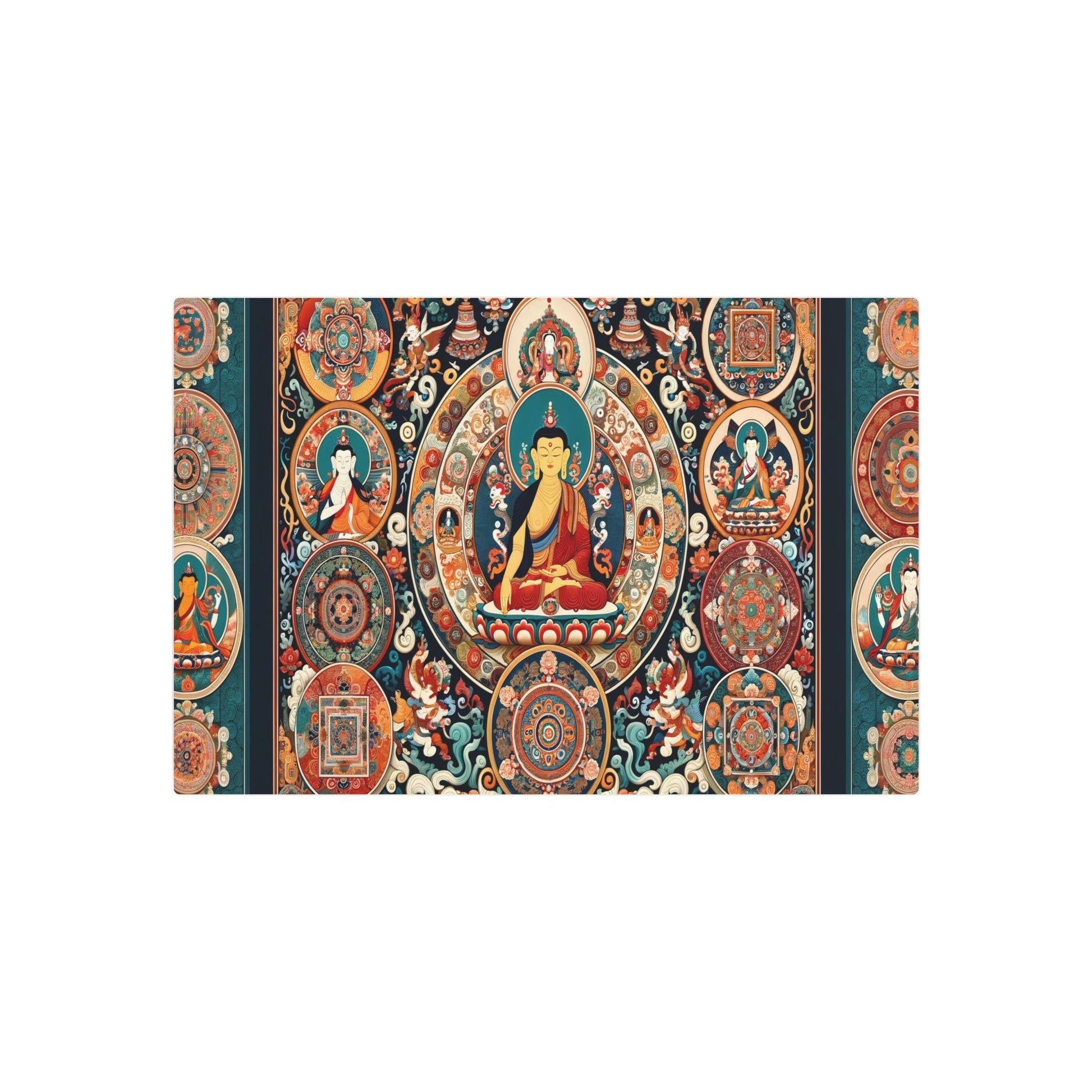 Metal Poster Art | "Vibrant Tibetan Thangka Painting: Traditional Asian Art Style with Intricate Details, Depicting Spiritual Scenes, Mandalas and Deities - Metal Poster Art 30″ x 20″ (Horizontal) 0.12''