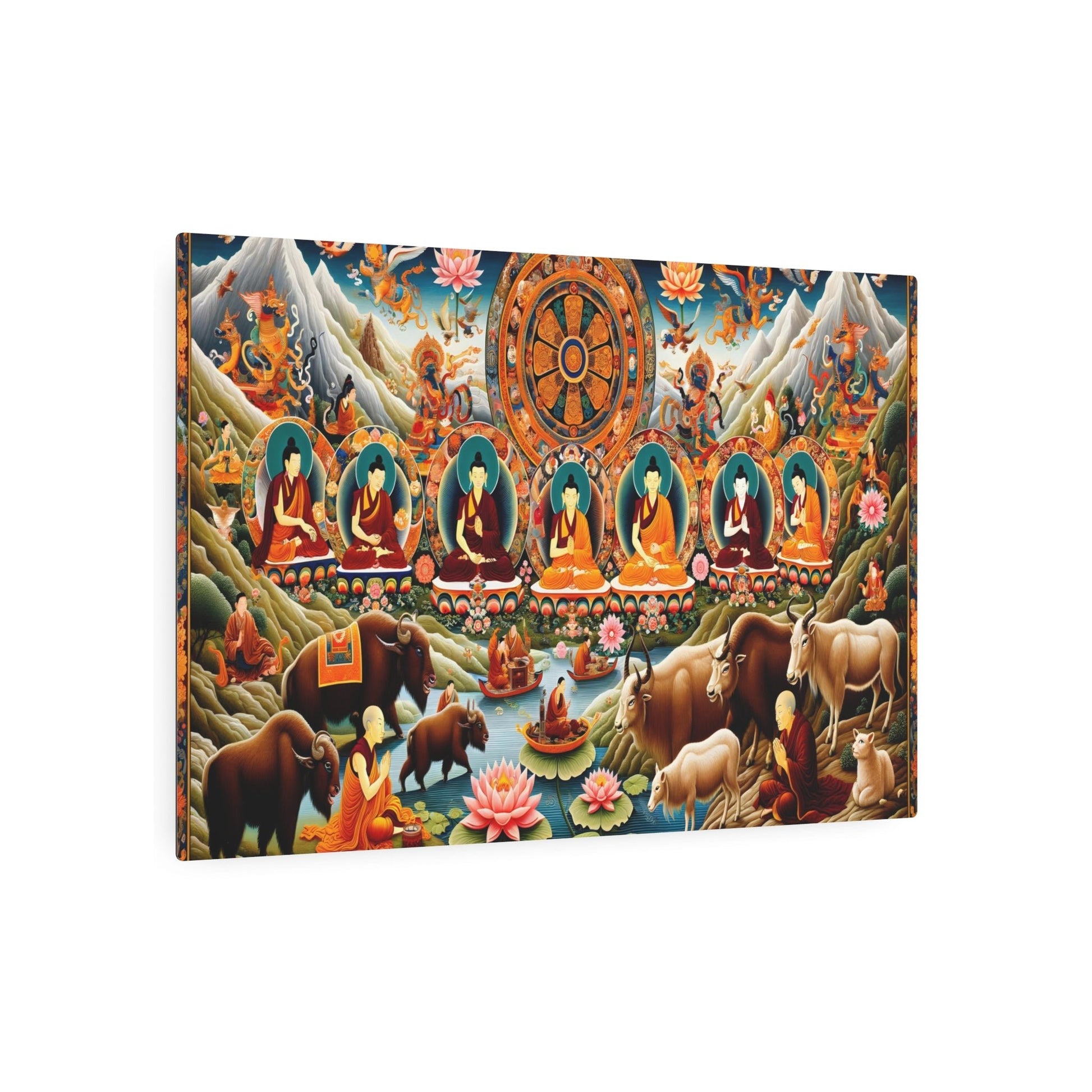 "Vibrant Thangka Painting from Tibet - Traditional Asian Art Style Showcasing Buddhist Symbols, Monks, Mythical Figures & Animals in - Metal Poster Art 36″ x 24″ (Horizontal) 0.12''