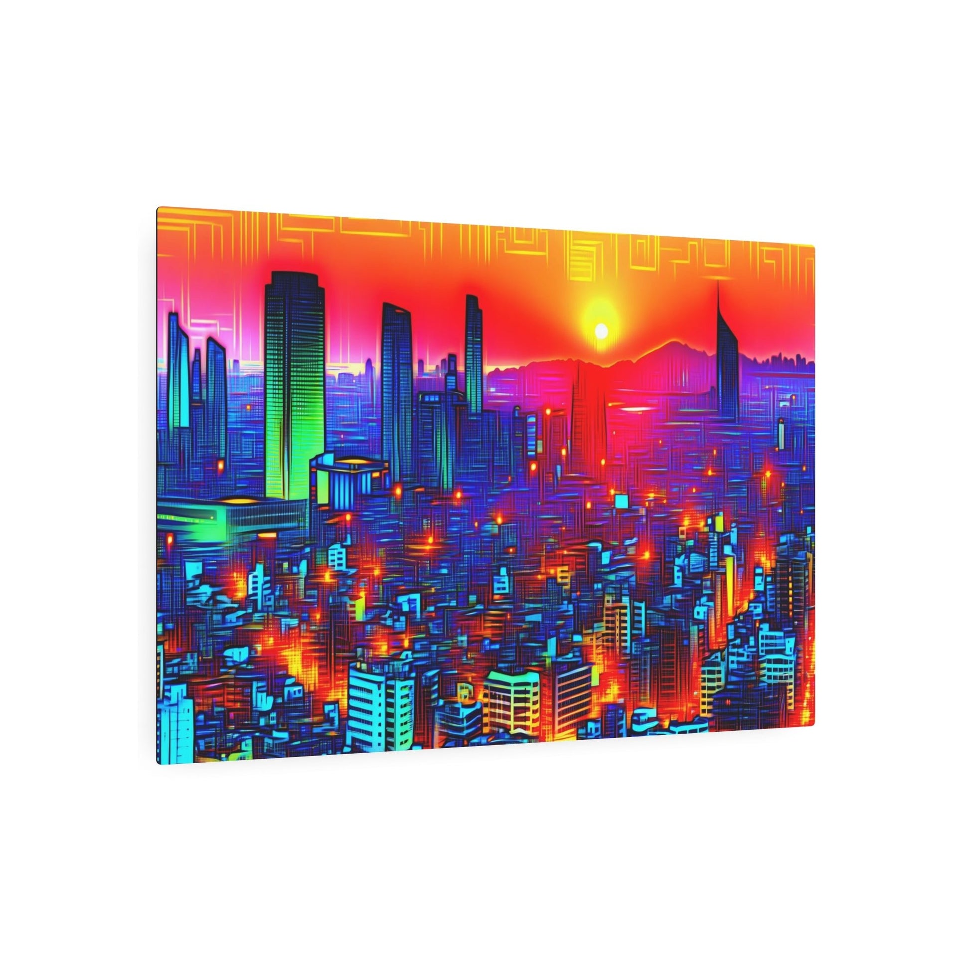 Metal Poster Art | "Neon Sunset - Cyberpunk Inspired Futuristic City Skyline Digital Art in Modern Contemporary Style" - Metal Poster Art 36″ x 24″ (Horizontal) 0.12''