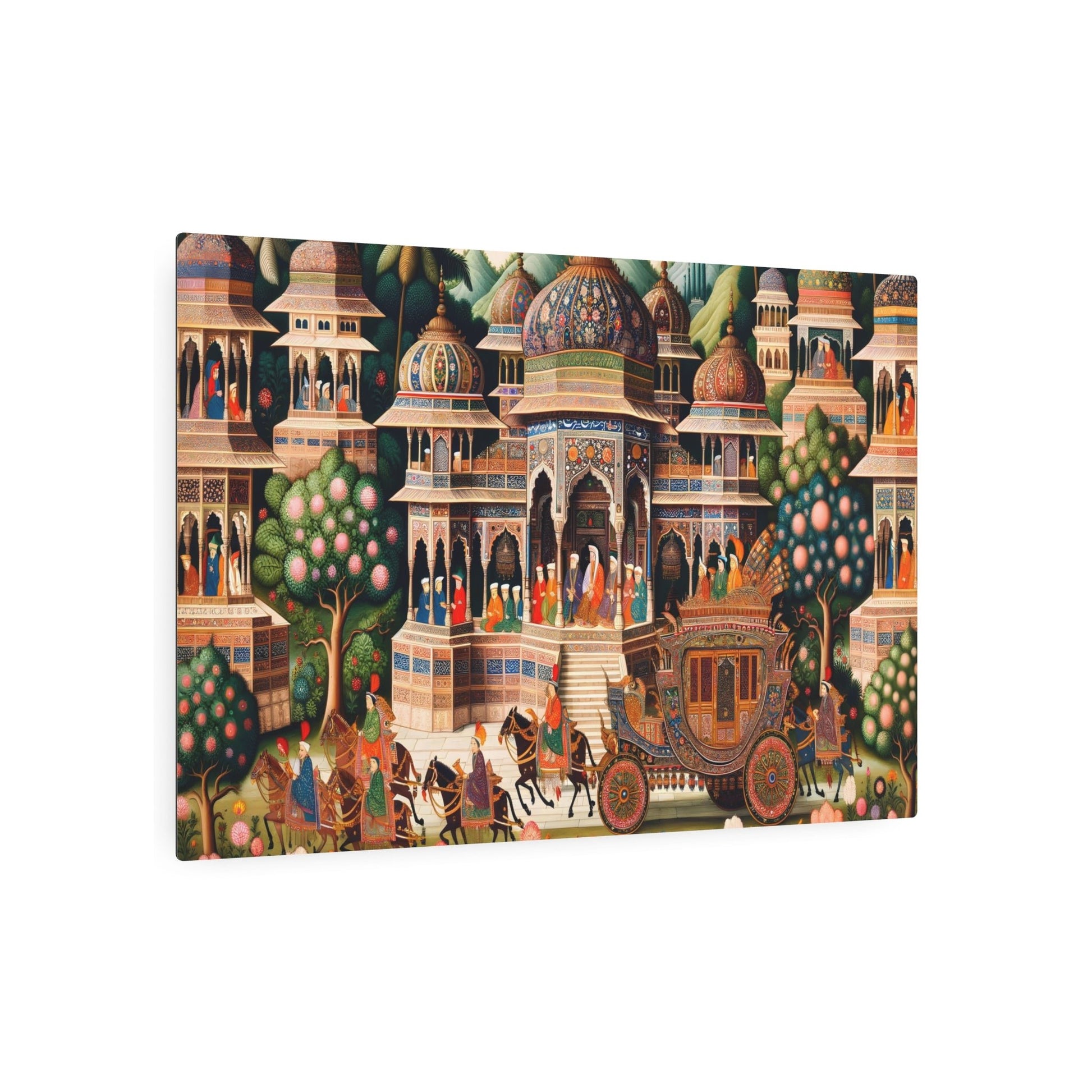 "Exquisite Mughal Miniature Painting - South Asian Art Showcasing Rich Architecture, Gardens & Costumes" - Metal Poster Art 36″ x 24″ (Horizontal) 0.12''