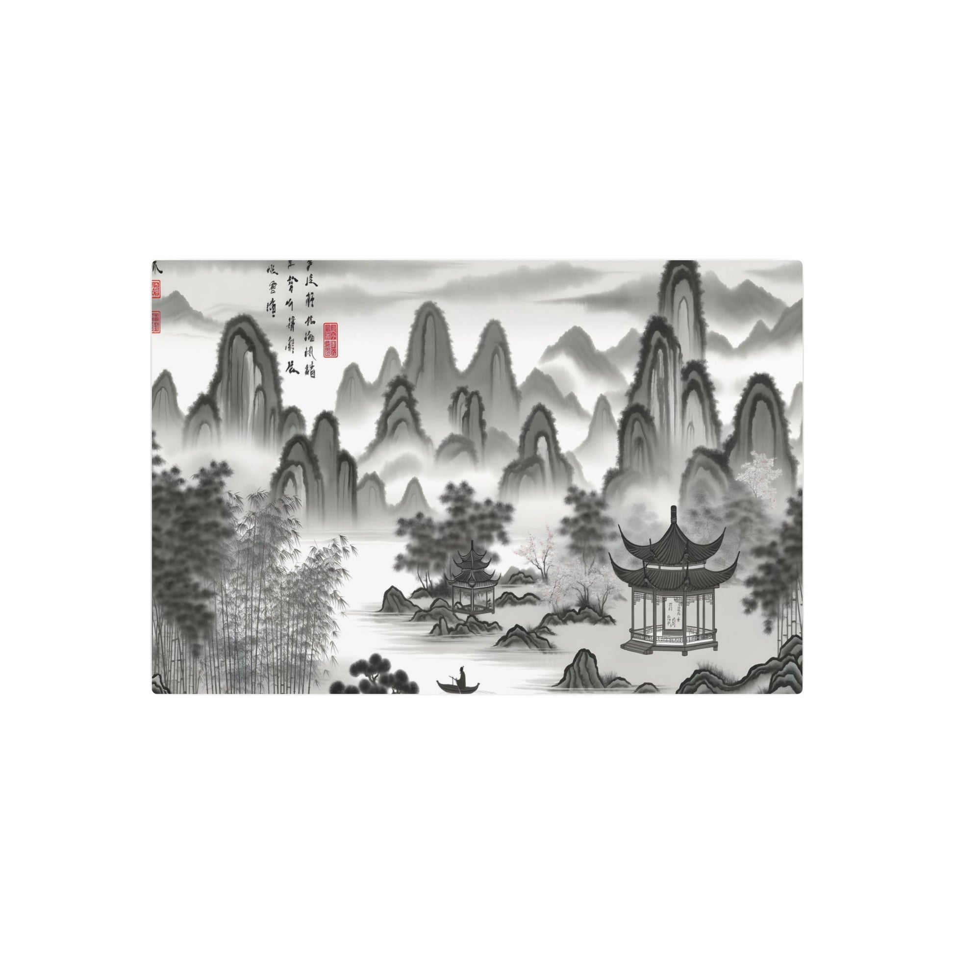 Metal Poster Art | "Traditional Chinese Landscape Ink Wash Painting: Misty Mountains and River Panorama with Ancient Architecture, Bamboo Forests & Cherry Blossoms - Grey, Black - Metal Poster Art 30″ x 20″ (Horizontal) 0.12''