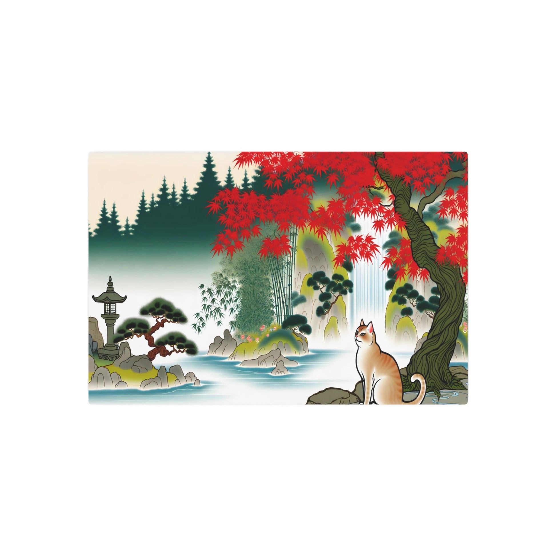 Metal Poster Art | "Kano School Inspired Japanese Traditional Painting - Serene Scenic Artwork Featuring a Cat in Asian Art Styles Category" - Metal Poster Art 30″ x 20″ (Horizontal) 0.12''