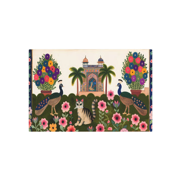 Metal Poster Art | "Mughal Miniature Art - Traditional South Asian Painting of Cat and Peacocks in a Blooming Garden with Architectural Designs" - Metal Poster Art 30″ x 20″ (Horizontal) 0.12''