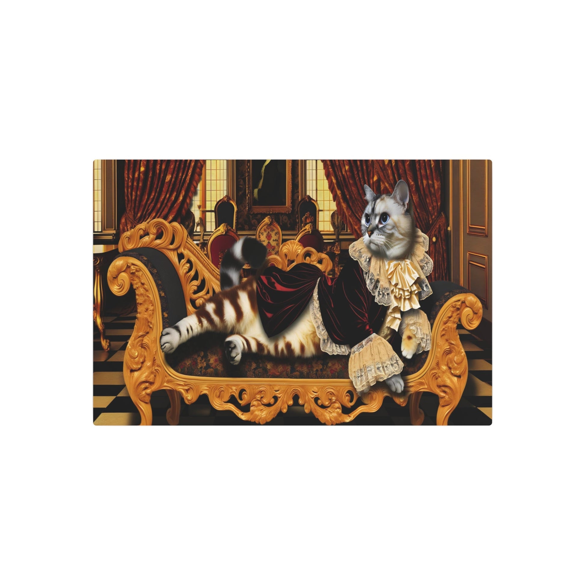 Metal Poster Art | "Rococo Art Style Cat Lounging in Extravagant Attire - Western Art Styles Category, Luxurious Velvet Drapes and Gold - Metal Poster Art 30″ x 20″ (Horizontal) 0.12''