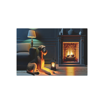 Metal Poster Art | "Realistic Western Art Style Dog by Fireplace - Detailed Realism Artwork Emphasizing Texture and Lighting" - Metal Poster Art 30″ x 20″ (Horizontal) 0.12''
