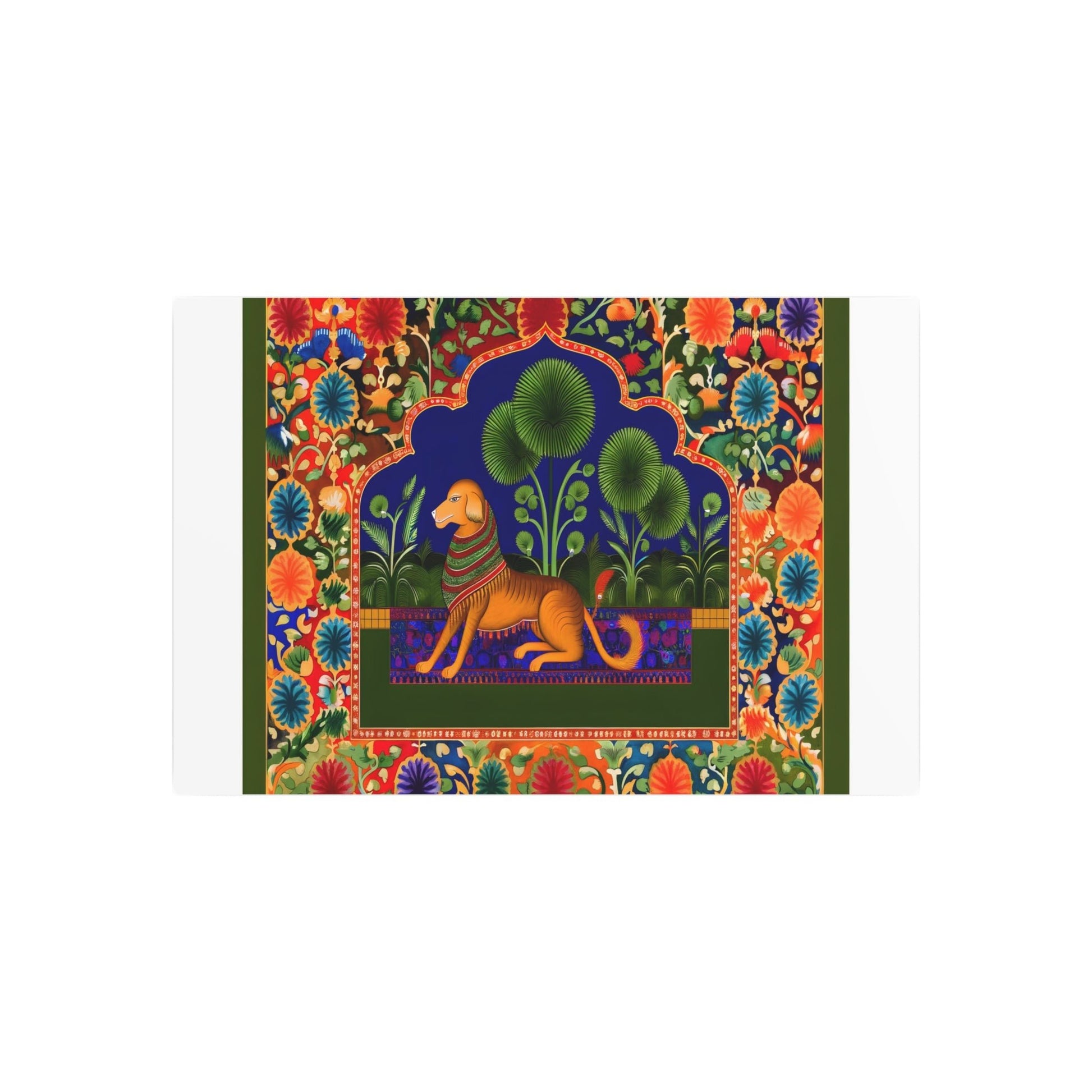 Metal Poster Art | "Regal Dog in Lush South Asian Landscape - Vibrant Mughal Miniature-style Artwork with Intricate Details - Non-Western & - Metal Poster Art 30″ x 20″ (Horizontal) 0.12''