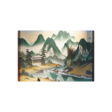 Metal Poster Art | "Chinese Landscape Art - Ancient Temple Mountain Range with Running River, Bamboo Trees and Patient Dog Scene in Traditional Asian Art Styles" - Metal Poster Art 30″ x 20″ (Horizontal) 0.12''