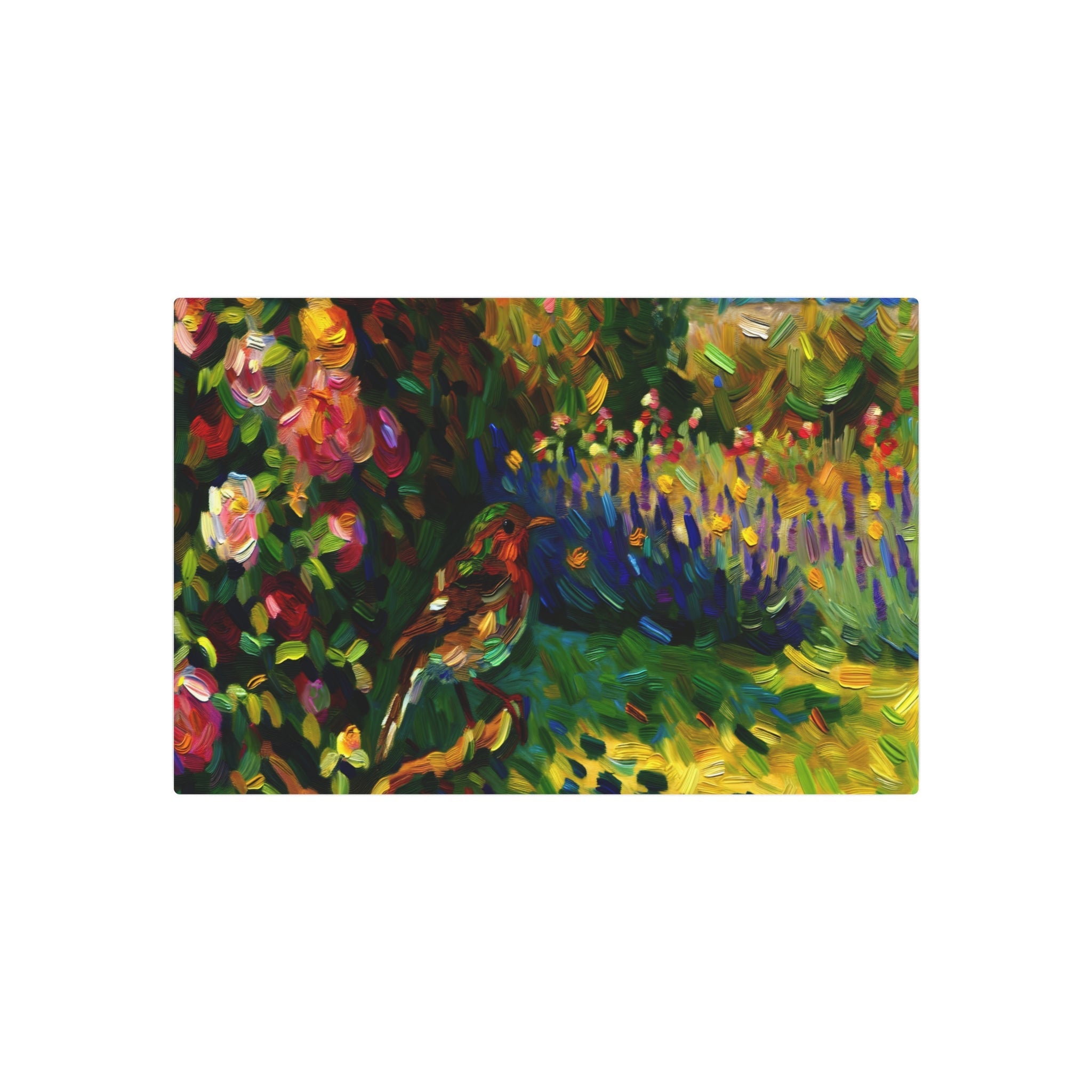 Metal Poster Art | "Impressionist Western Art Style - Vibrant Sunlit Garden with Bird amongst Flowers" - Metal Poster Art 30″ x 20″ (Horizontal) 0.12''