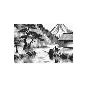 Metal Poster Art | "Serene Kano School Japanese Landscape Art with Playful Dog - Asian Art Styles Collection - Traditional Bold Brush Strokes, Muted Colors & Ink - Metal Poster Art 30″ x 20″ (Horizontal) 0.12''