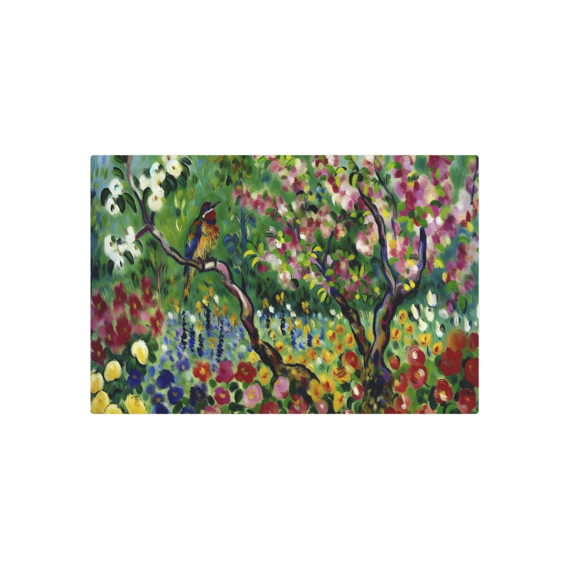 Metal Poster Art | "Post-Impressionist Vibrant Bird in Blossoming Garden Art Print - Vivid Colors & Unique Brushwork Western Art Styles" - Metal Poster Art 30″ x 20″ (Horizontal) 0.12''