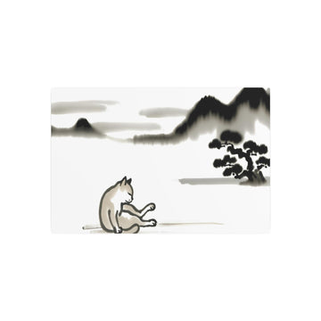 Metal Poster Art | "Sumi-e Japanese Ink Wash Painting - Serene Scene Featuring a Cat, Asian Art Styles Collection" - Metal Poster Art 30″ x 20″ (Horizontal) 0.12''