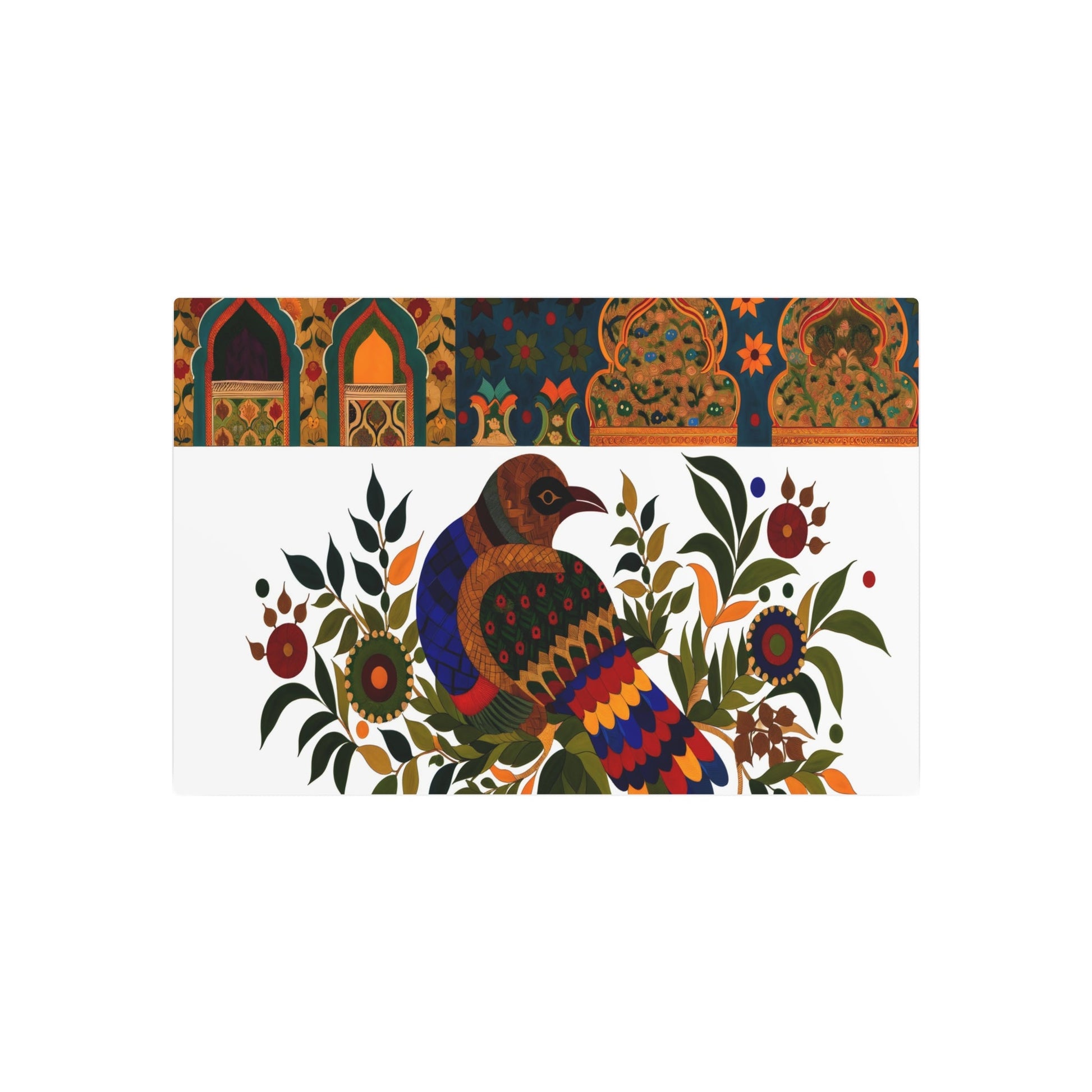 Metal Poster Art | "Mughal Miniature South Asian Art - Vibrant Bird-Centric Painting with Ornate Patterns and Architectural Details Reflecting Mughal Era Op - Metal Poster Art 30″ x 20″ (Horizontal) 0.12''