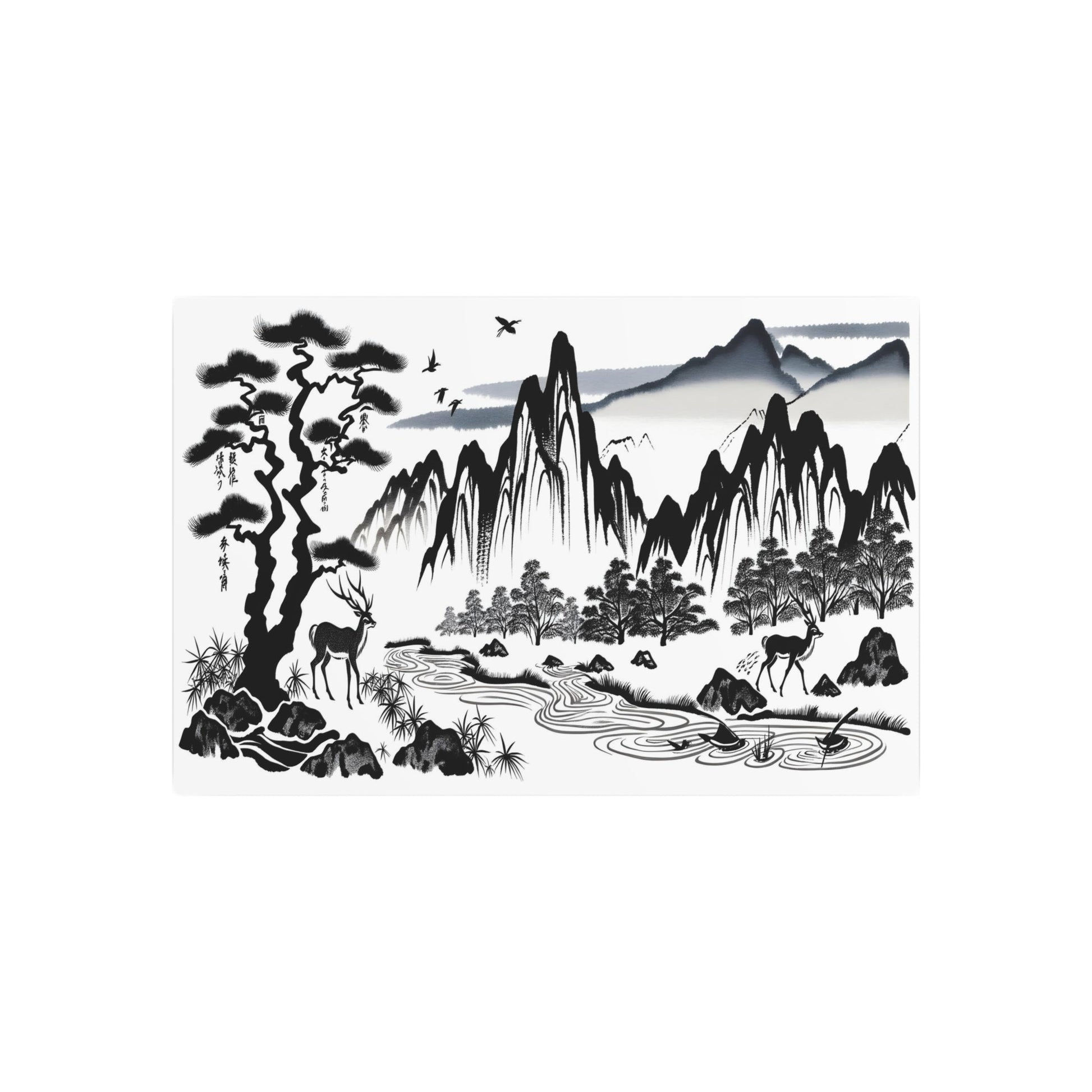 Metal Poster Art | "Kano School Inspired Asian Artwork: Monochrome Ink Painting of Japanese Landscapes and Animals " - Metal Poster Art 30″ x 20″ (Horizontal) 0.12''