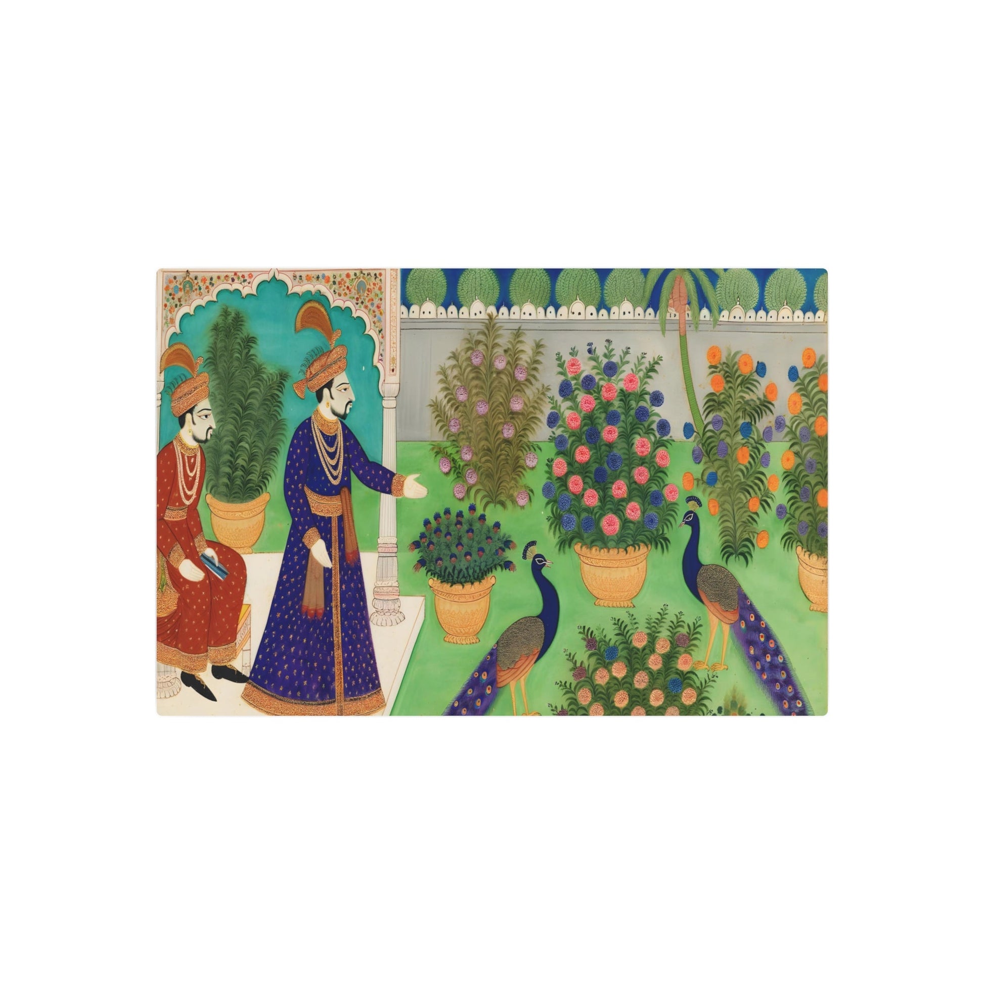 Metal Poster Art | "Mughal Miniature Art: Traditional South Asian Style Illustration of a Mughal Emperor Enjoying His Garden with Peacocks" - Metal Poster Art 30″ x 20″ (Horizontal) 0.12''