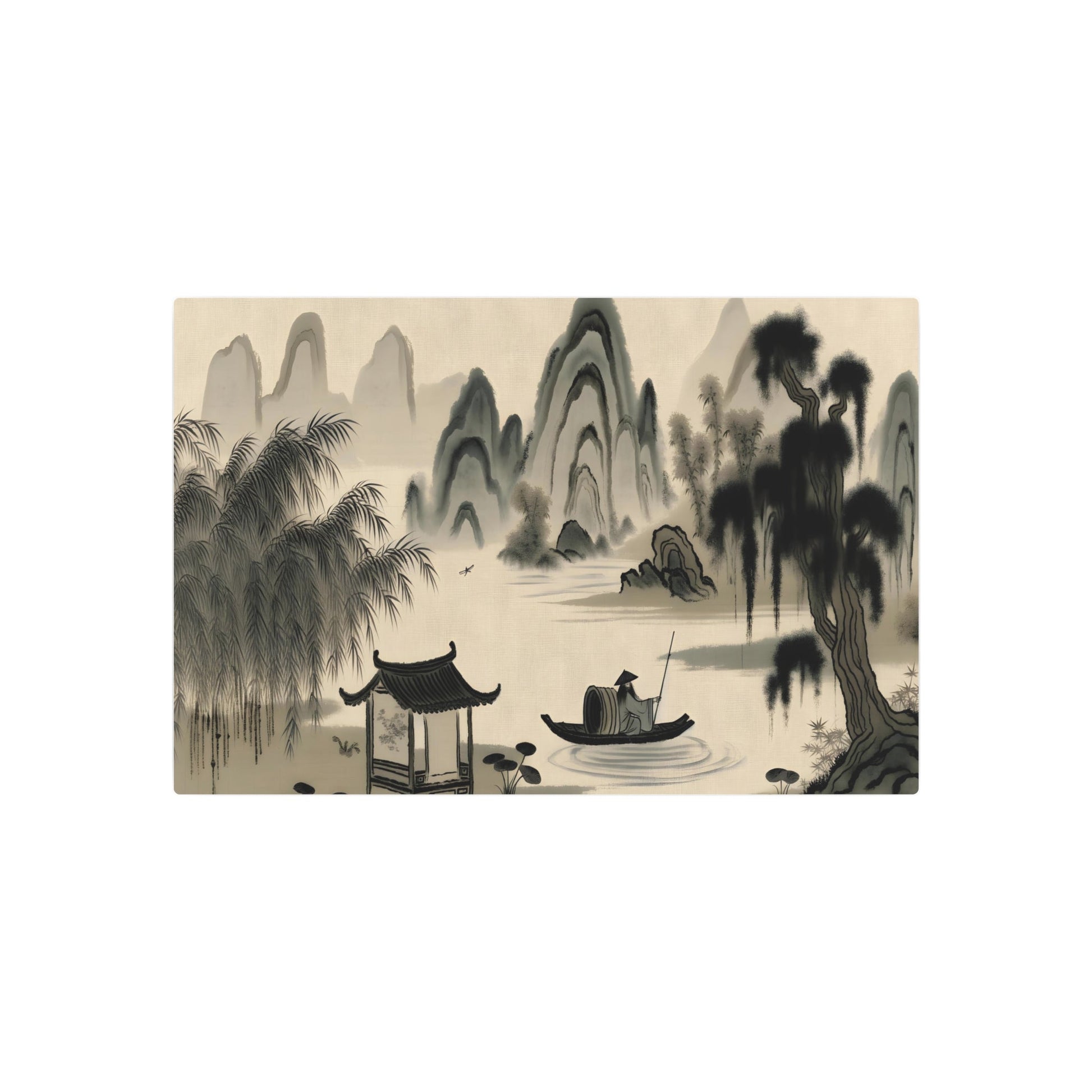 Metal Poster Art | "Song Dynasty Inspired Chinese Landscape Art - Intricate Mountains, Rivers & Traditional Elements in Muted Shades of Black, Gray & Green with Touches of - Metal Poster Art 30″ x 20″ (Horizontal) 0.12''