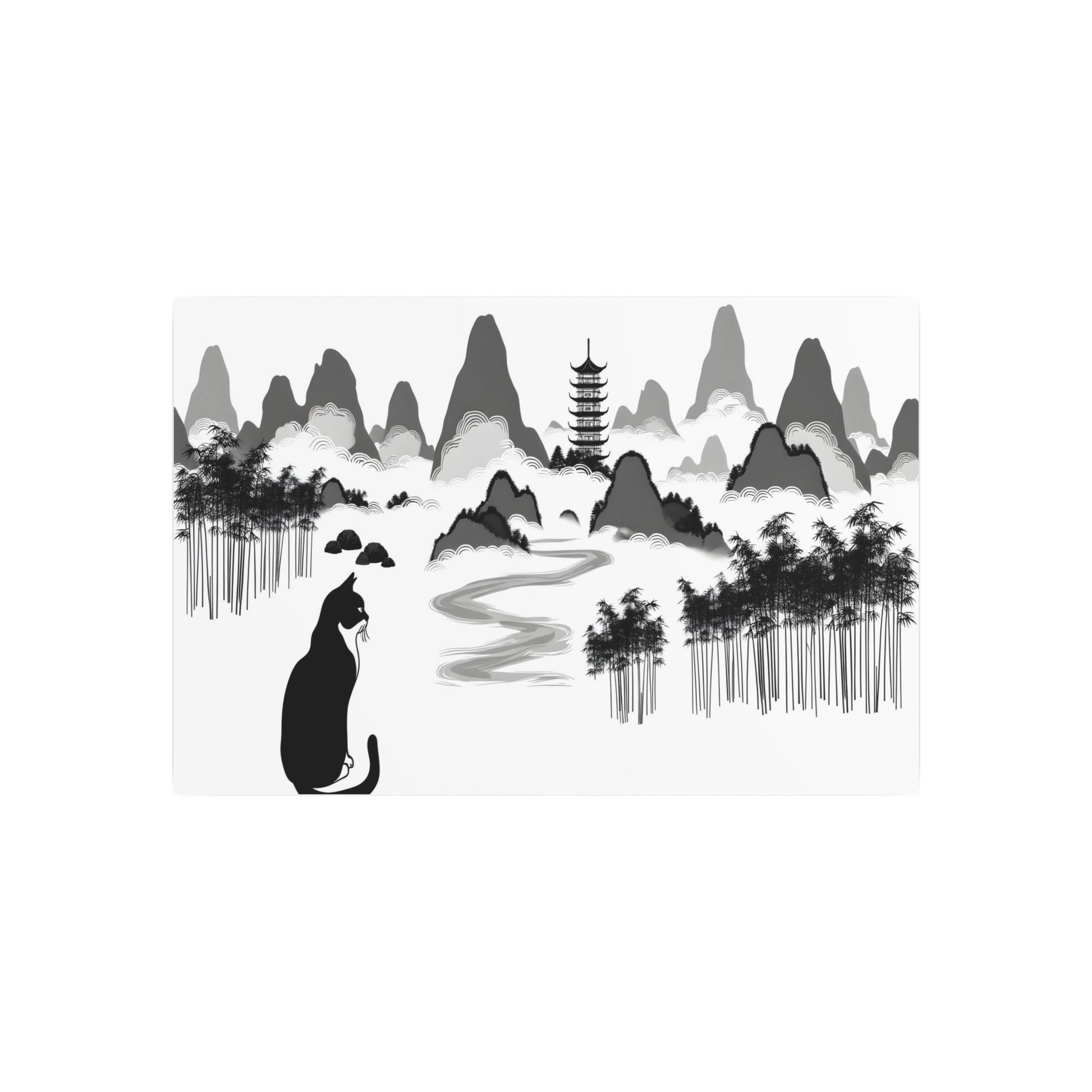 Metal Poster Art | "Graceful Chinese Ink Painting: Traditional Landscape Art Featuring Mountains, Rivers, Bamboo Trees, and Pagoda with Peaceful Cat - Asian Art Styles, - Metal Poster Art 30″ x 20″ (Horizontal) 0.12''