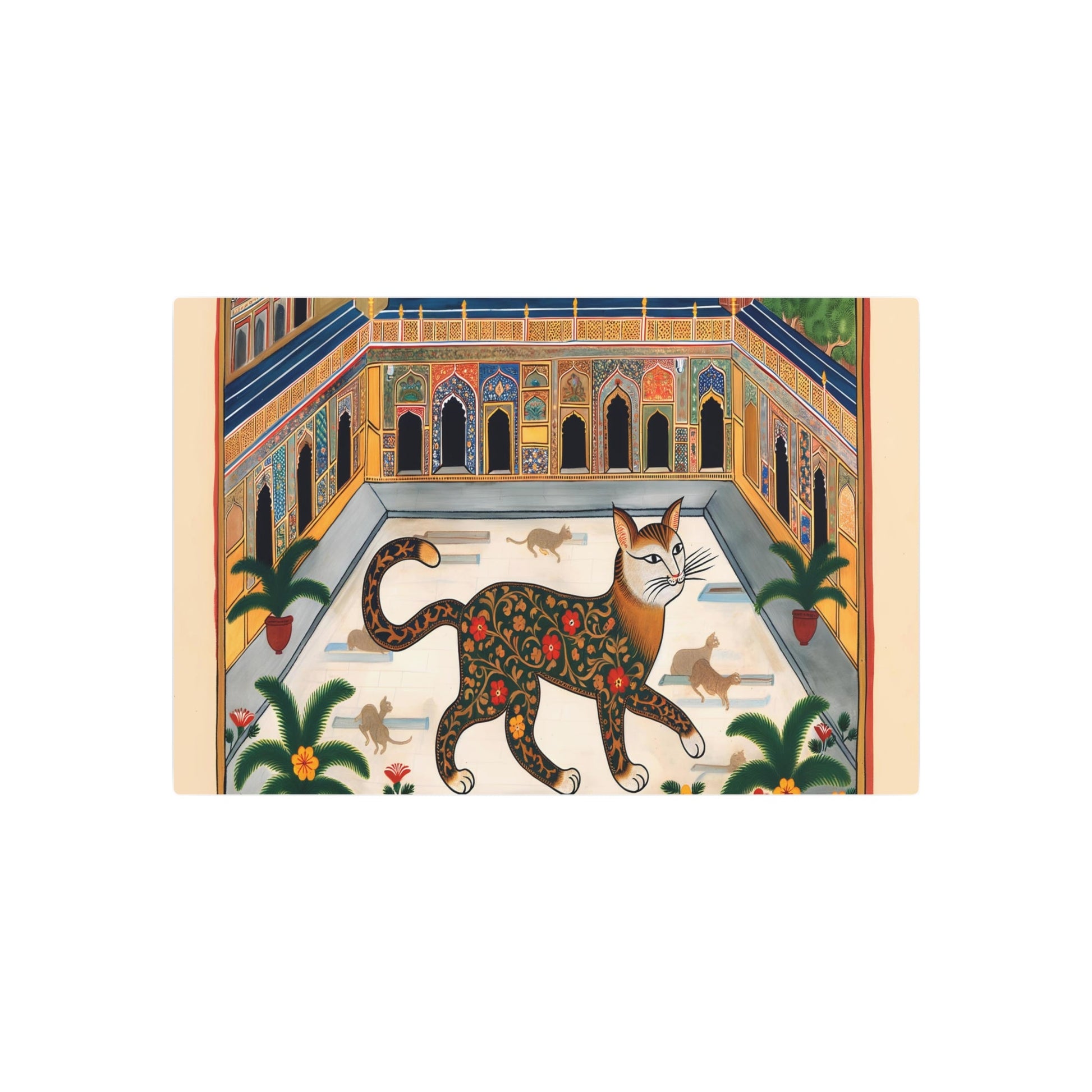 Metal Poster Art | "Mughal Miniature Art: Elegant Cat Prancing in Vibrant South Asian Palace Courtyard - Non-Western & Global Styles" - Metal Poster Art 30″ x 20″ (Horizontal) 0.12''