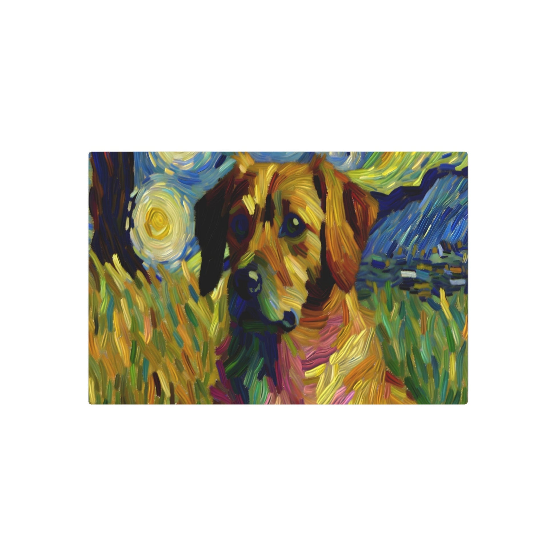Metal Poster Art | "Post-Impressionistic Vibrant Dog Painting - Thick Textured Brushstrokes Inspired by Van Gogh's Starry Night - Western Art Styles - Metal Poster Art 30″ x 20″ (Horizontal) 0.12''