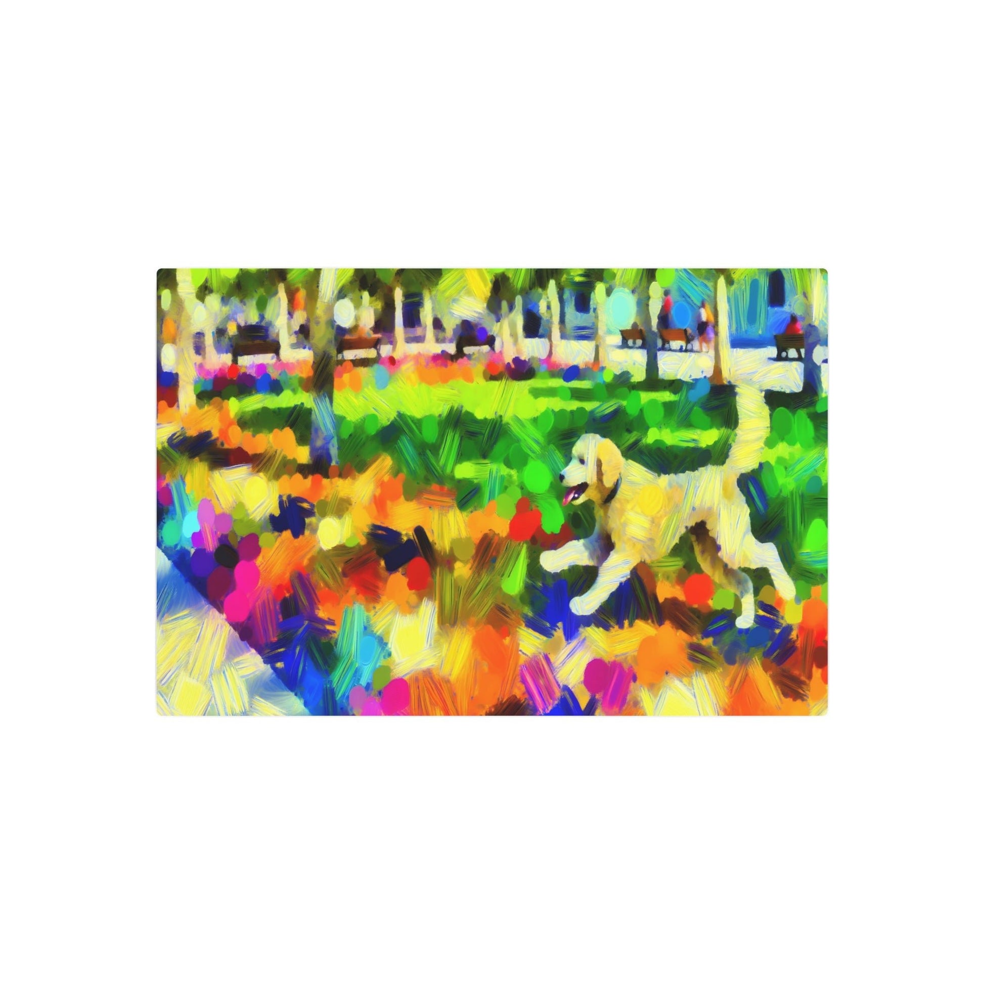 Metal Poster Art | "Impressionistic Western Art Style - Vibrant Colorful Brushstrokes of a Dog Playing in Sunny Park" - Metal Poster Art 30″ x 20″ (Horizontal) 0.12''
