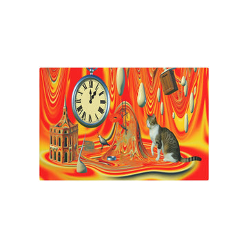 Metal Poster Art | "Modern Surrealistic Artwork - Contemporary Cat Scene with Melting Clocks, Flying Objects & Distorted Buildings in Bizarre Landscape" - Metal Poster Art 30″ x 20″ (Horizontal) 0.12''
