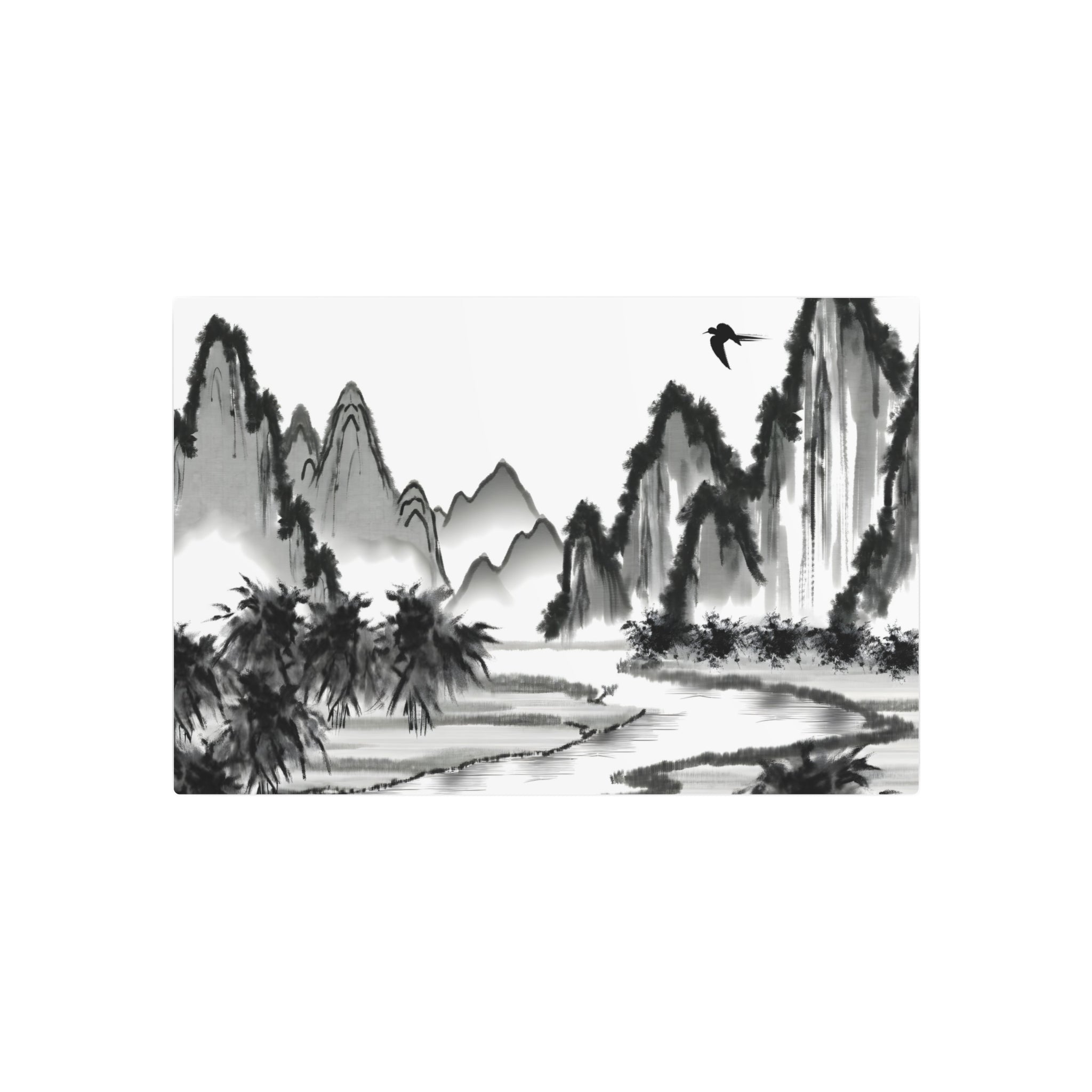 Metal Poster Art | "Traditional Chinese Landscape Art - Serene Countryside with Tall Mountains, Tranquil River, Lush Tree & Bird in Flight - Asian Art Styles Collection - Metal Poster Art 30″ x 20″ (Horizontal) 0.12''